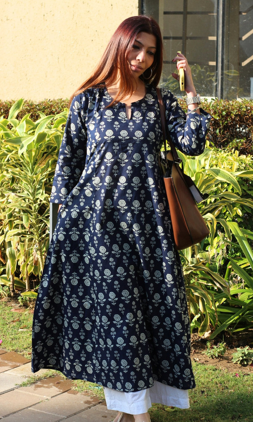 Cotton Navy Blue Booti Kali Kurta