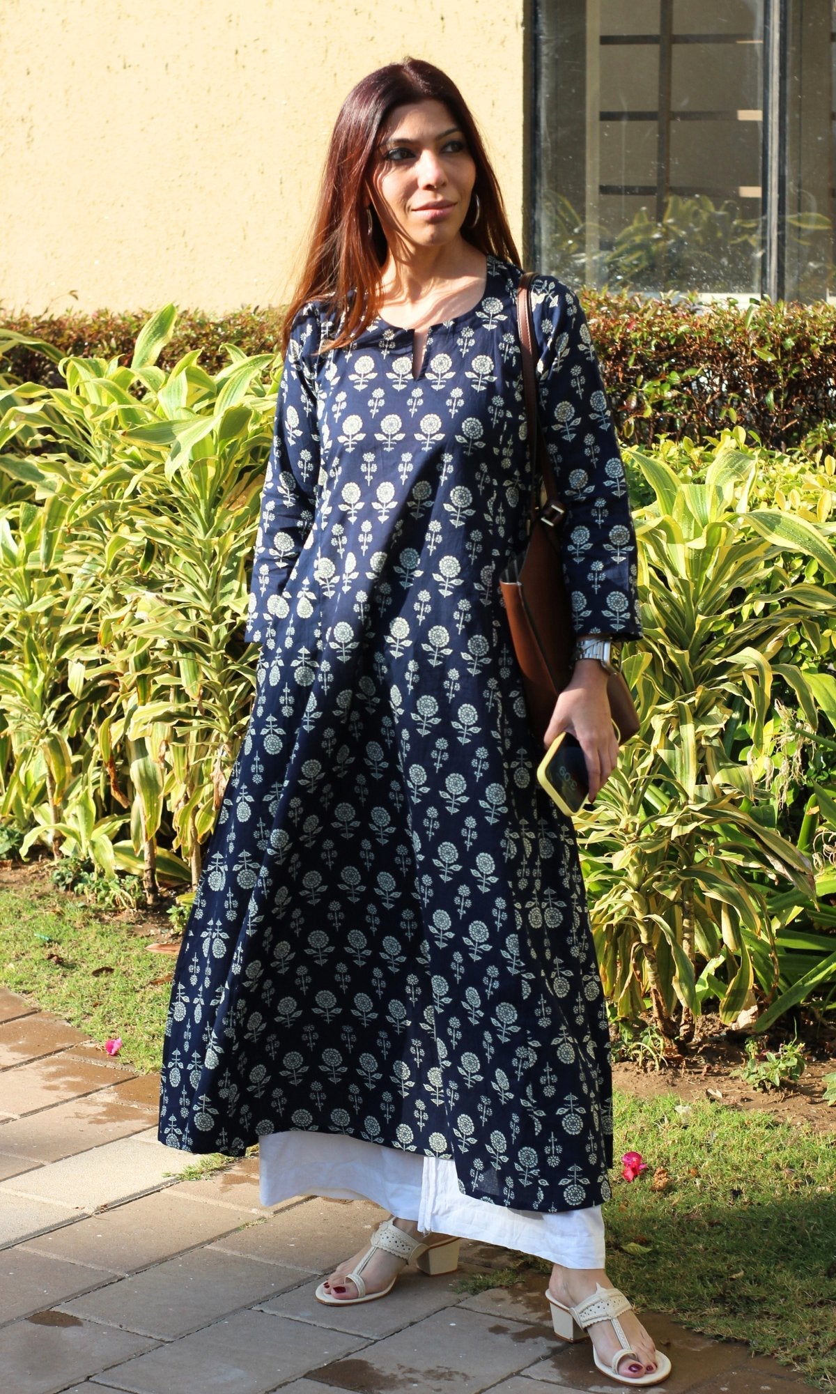 Cotton Navy Blue Booti Kali Kurta