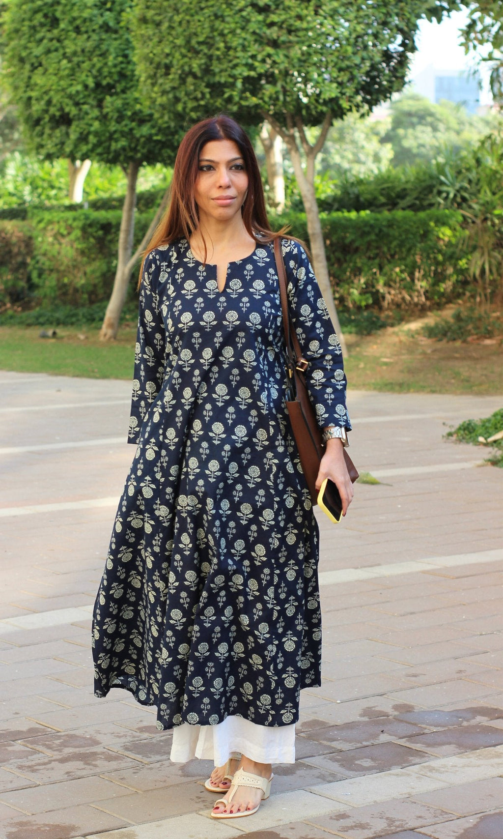 Cotton Navy Blue Booti Kali Kurta