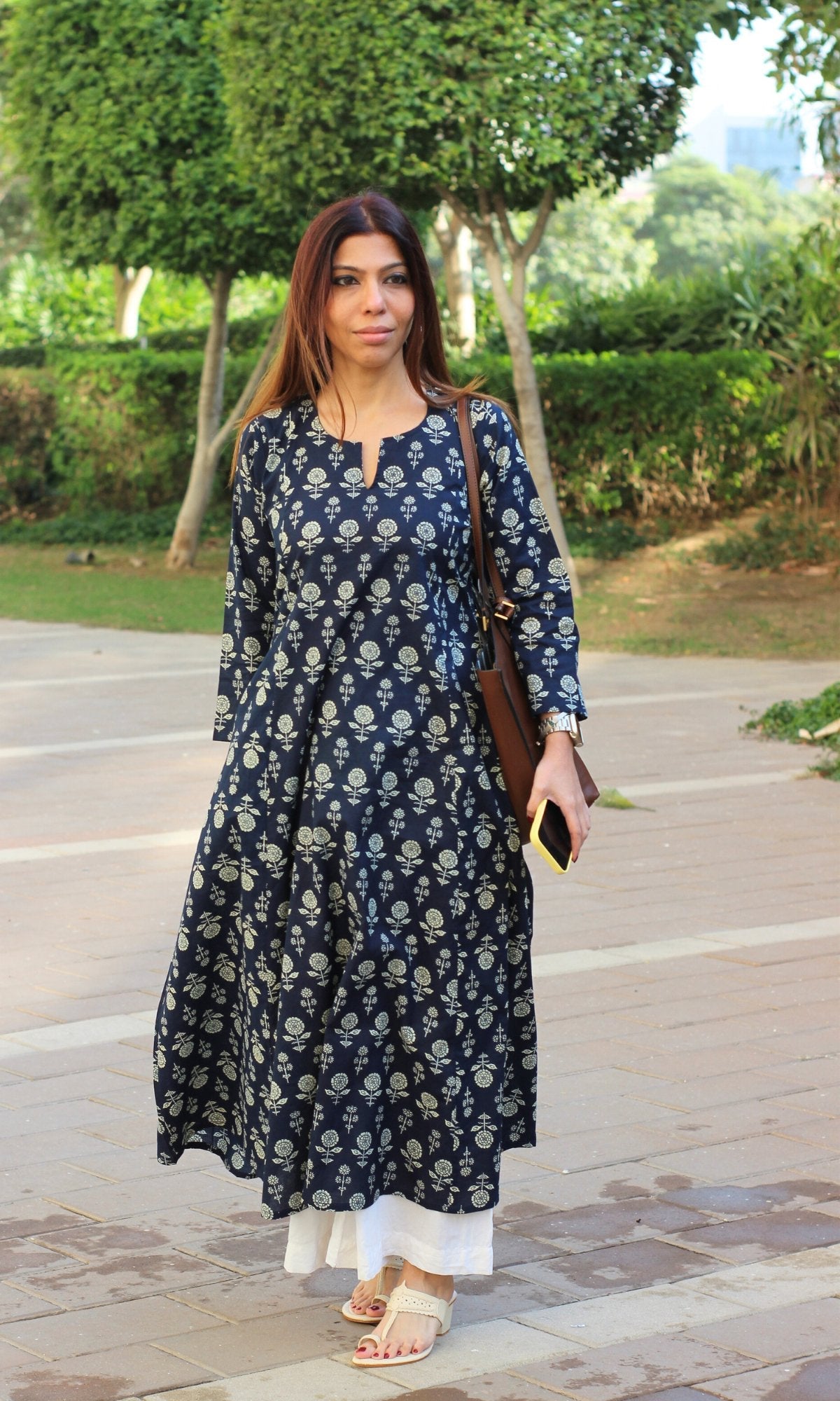 Cotton Navy Blue Booti Kali Kurta