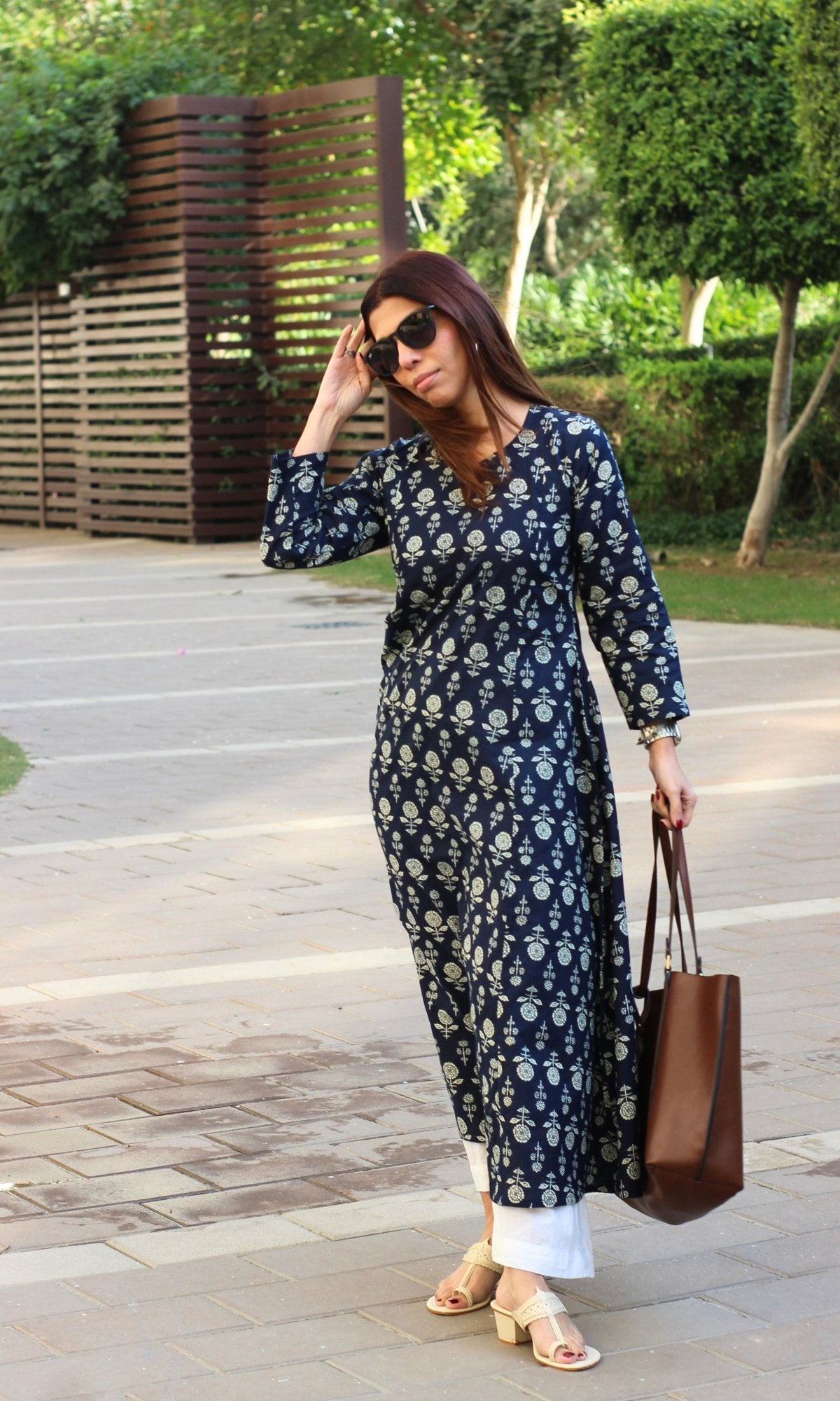 Cotton Navy Blue Booti Kali Kurta
