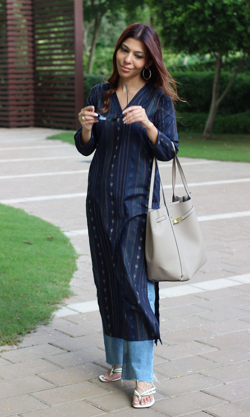 Cotton Navy Blue Ikkat Weaved Kurta
