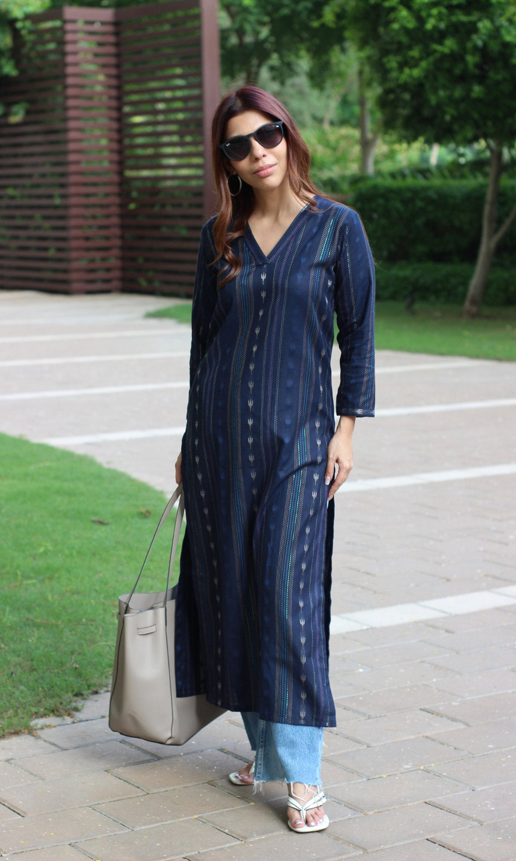 Cotton Navy Blue Ikkat Weaved Kurta
