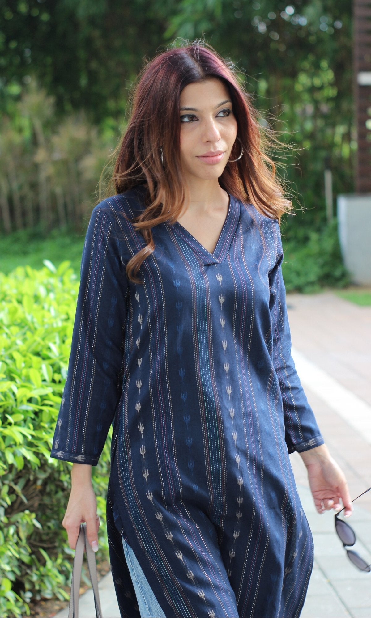 Cotton Navy Blue Ikkat Weaved Kurta