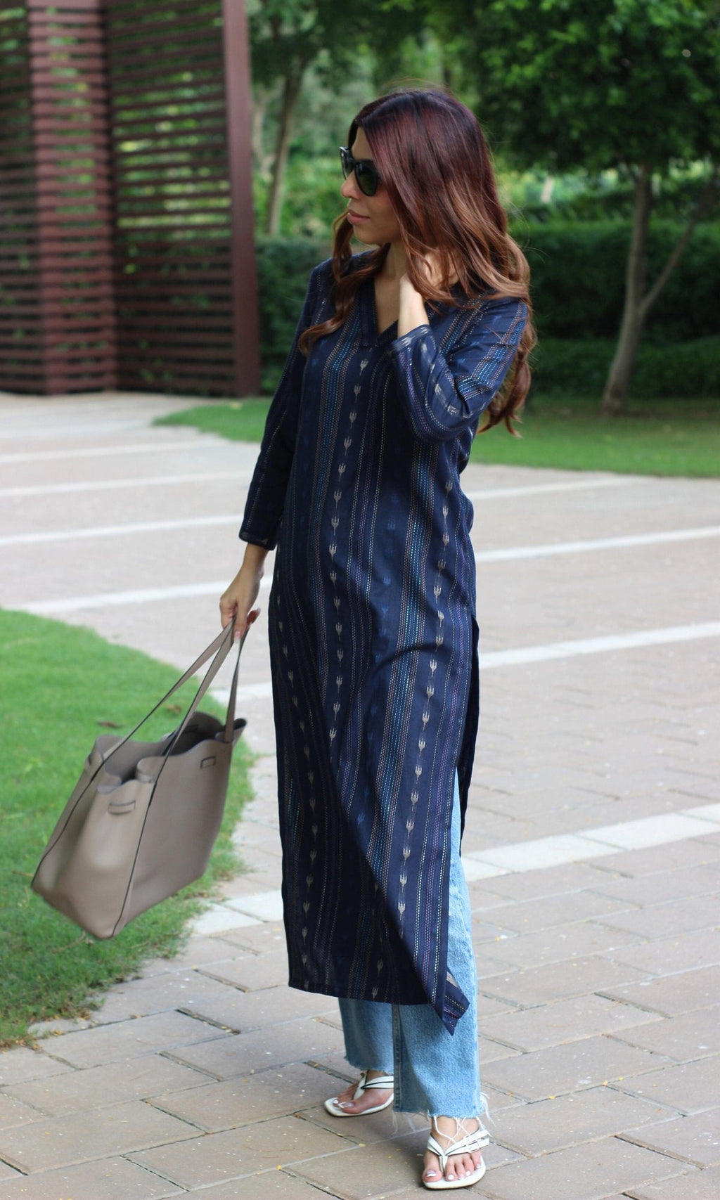 Cotton Navy Blue Ikkat Weaved Kurta