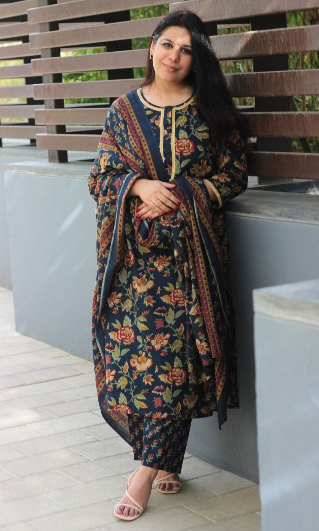 Cotton Navy Blue Printed Suit Set with Printed Cotton Dupatta