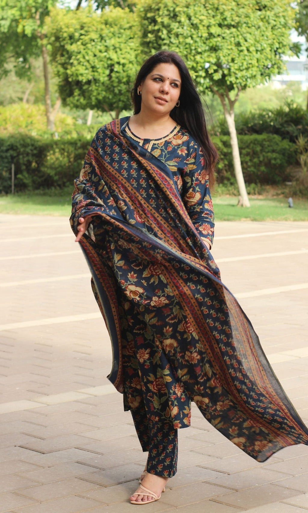 Cotton Navy Blue Printed Suit Set with Printed Cotton Dupatta