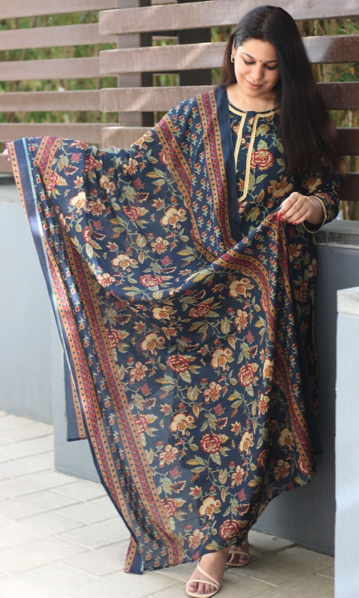 Cotton Navy Blue Printed Suit Set with Printed Cotton Dupatta