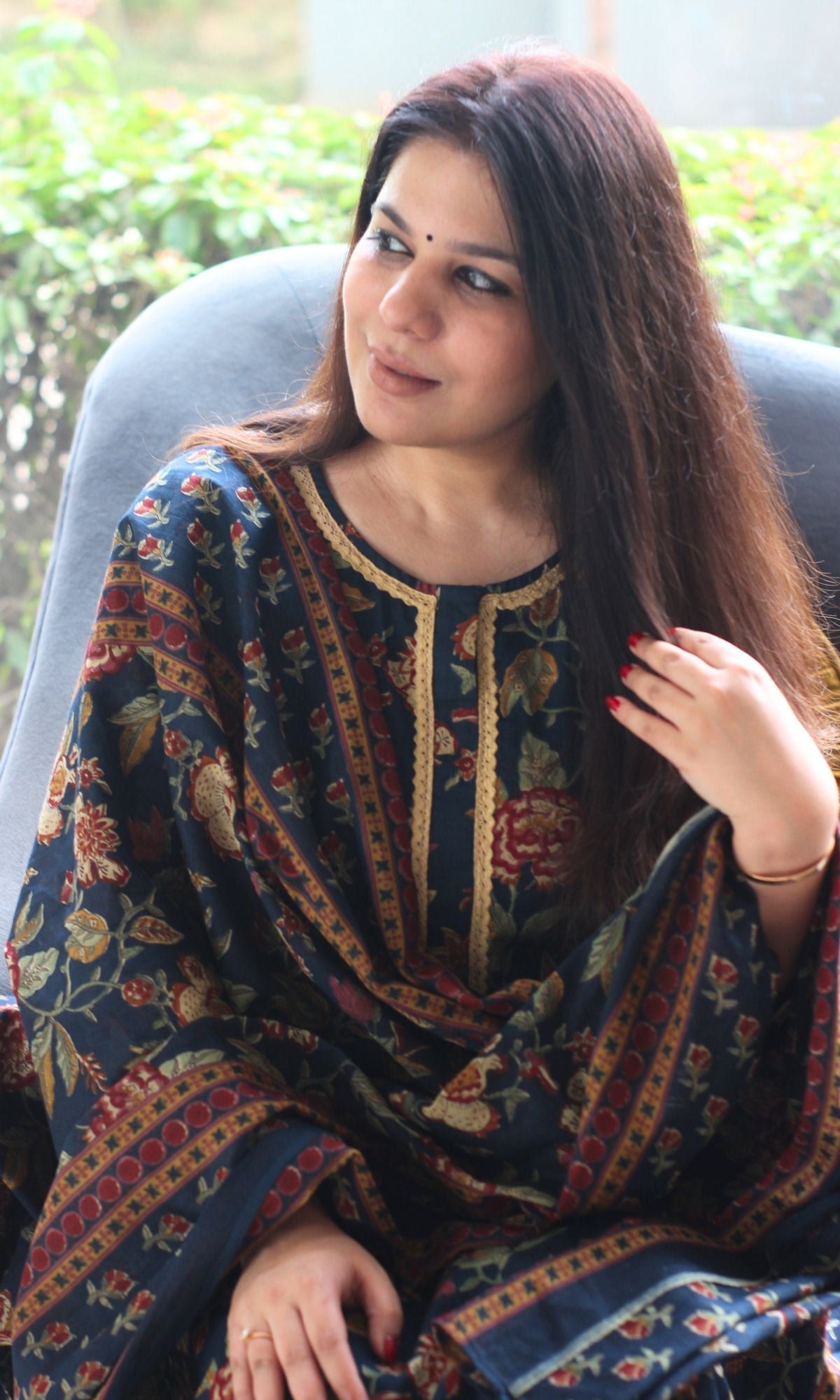 Cotton Navy Blue Printed Suit Set with Printed Cotton Dupatta
