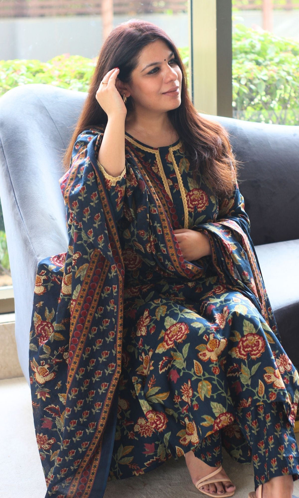 Cotton Navy Blue Printed Suit Set with Printed Cotton Dupatta