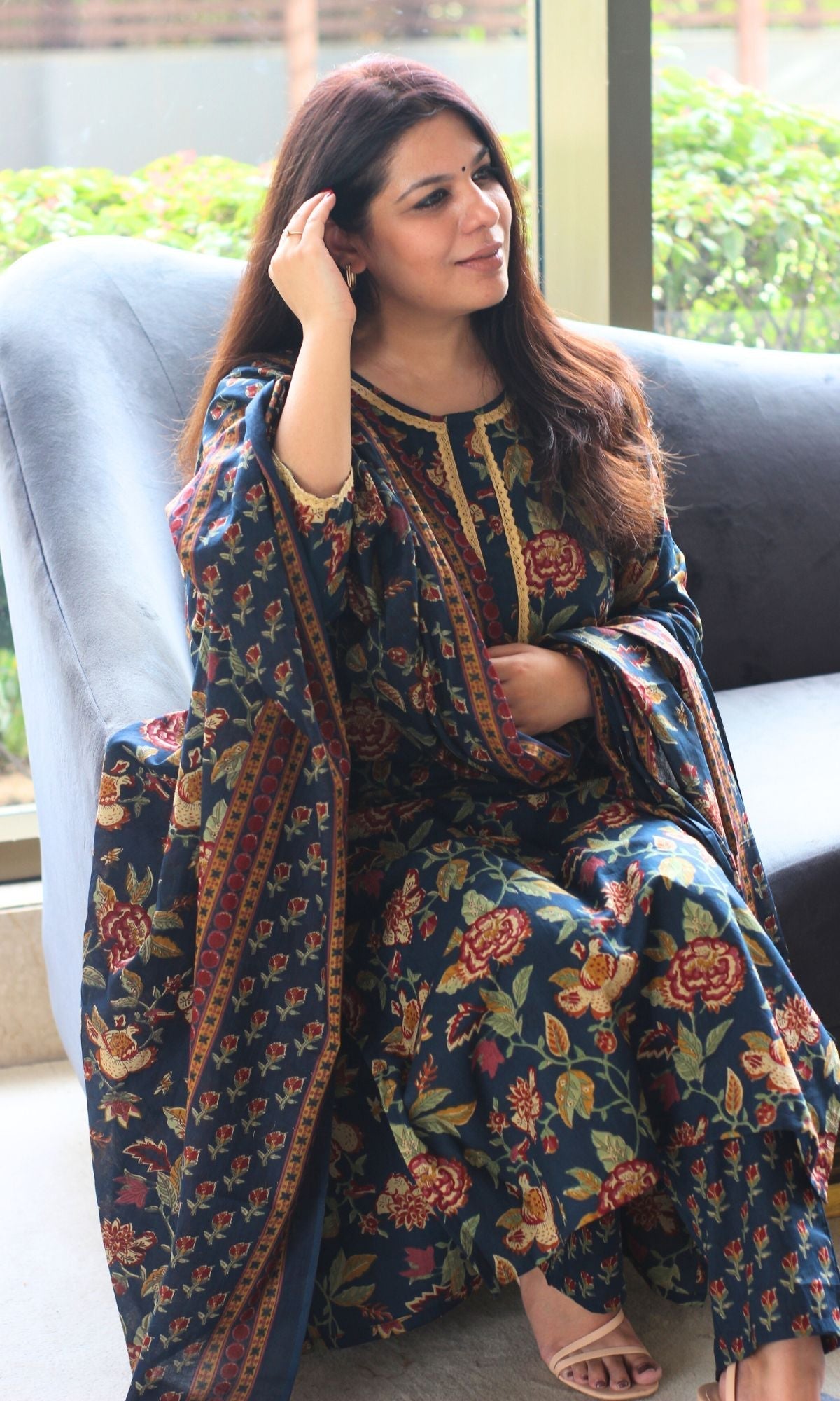 Cotton Navy Blue Printed Suit Set with Printed Cotton Dupatta