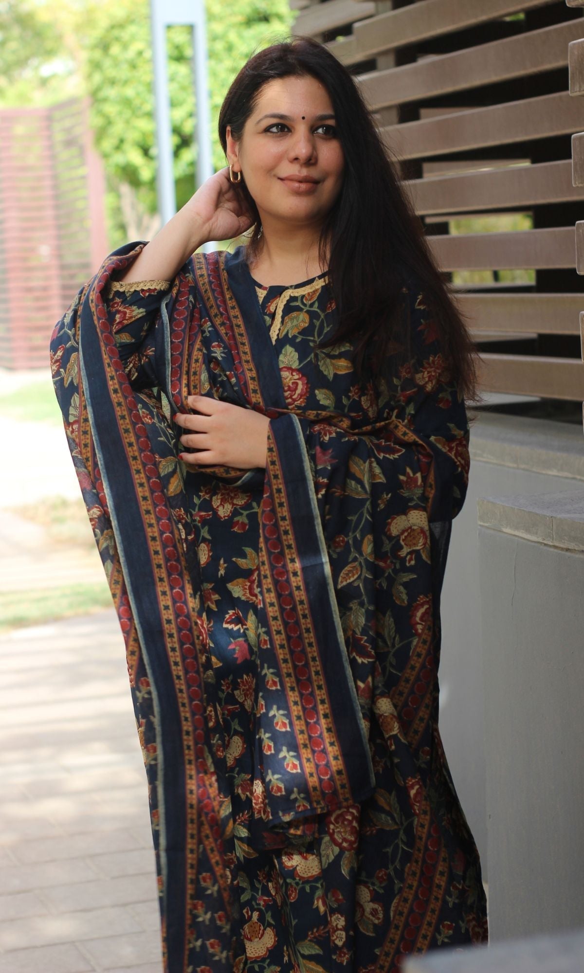 Cotton Navy Blue Printed Suit Set with Printed Cotton Dupatta