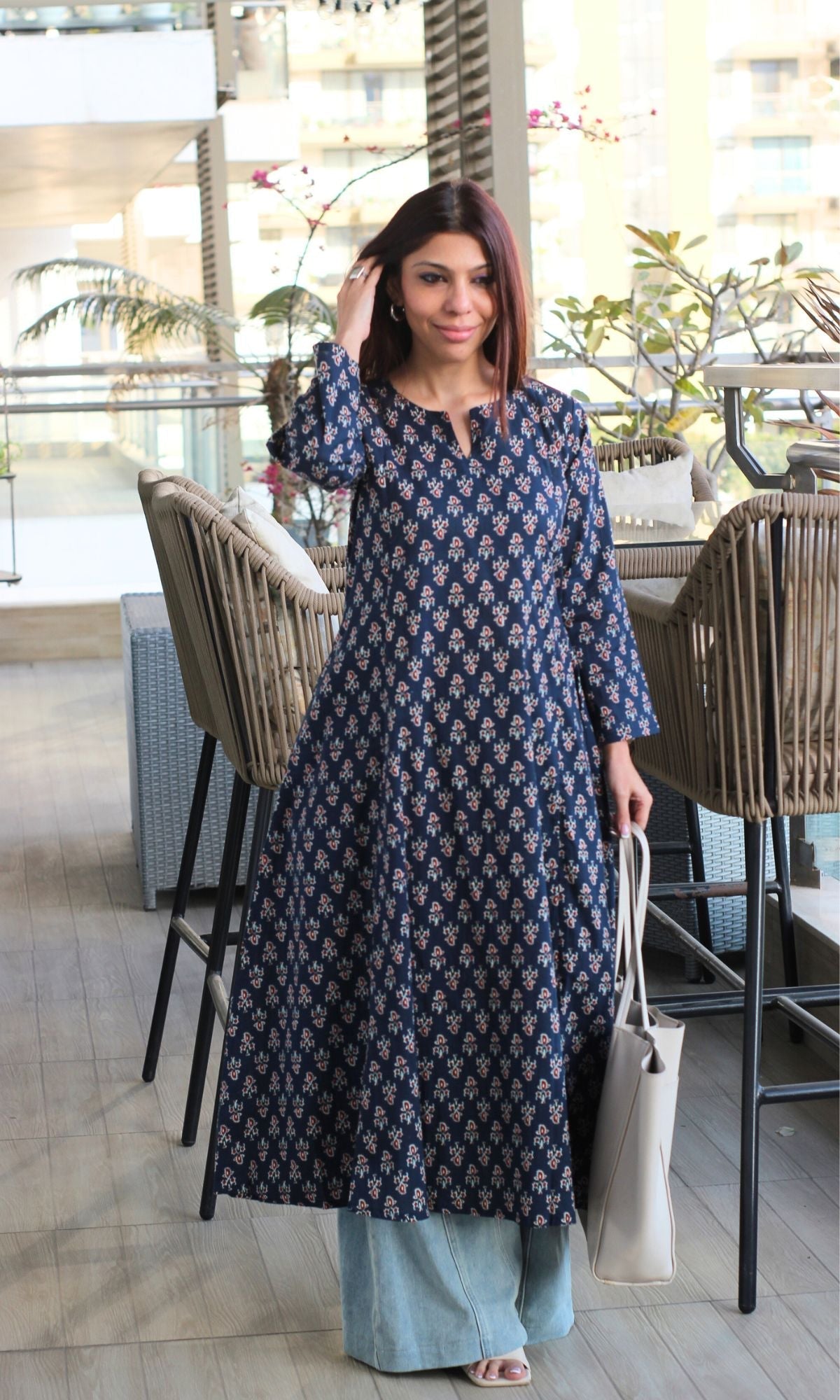 Cotton Navy Blue Small Print Kali Kurta