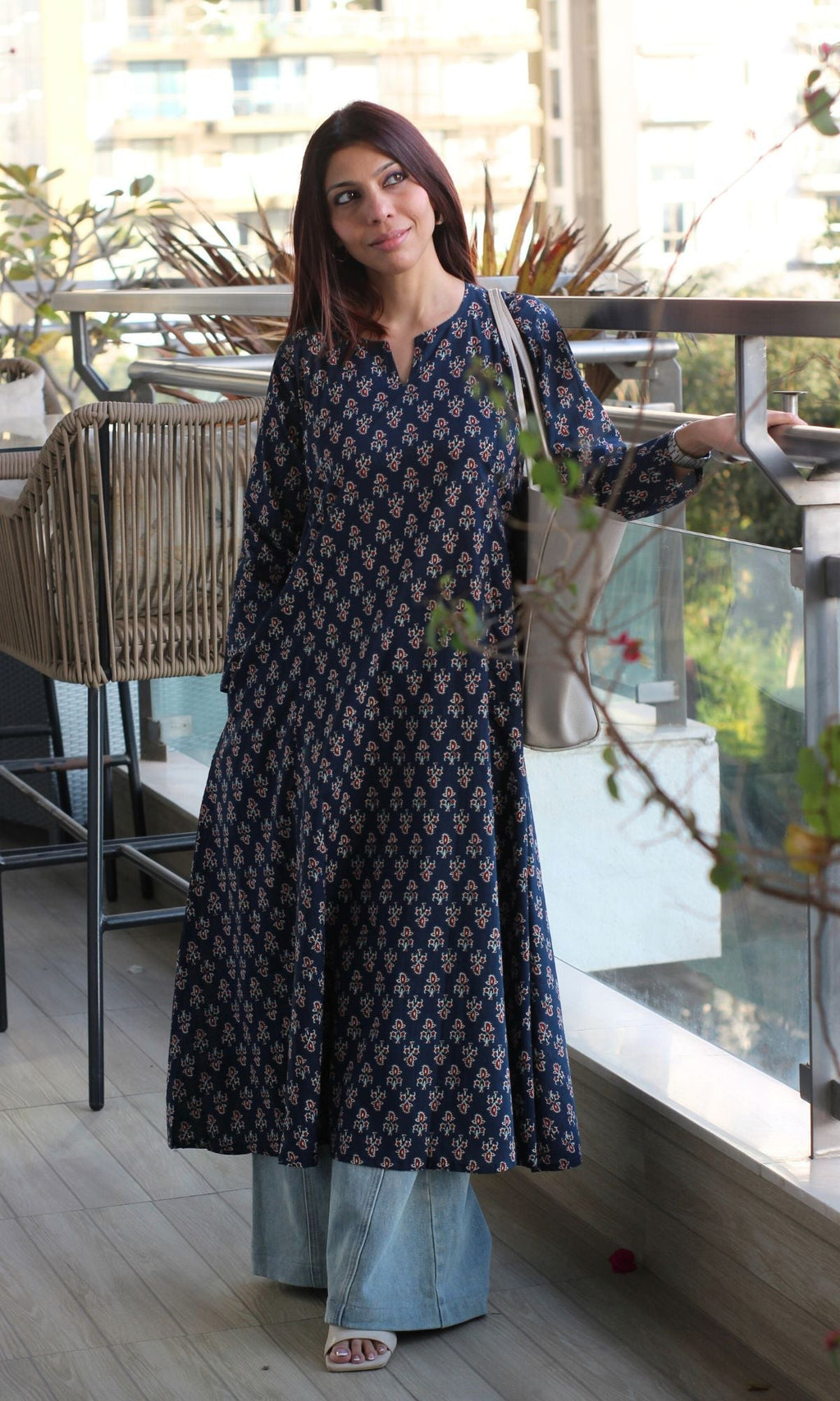 Cotton Navy Blue Small Print Kali Kurta