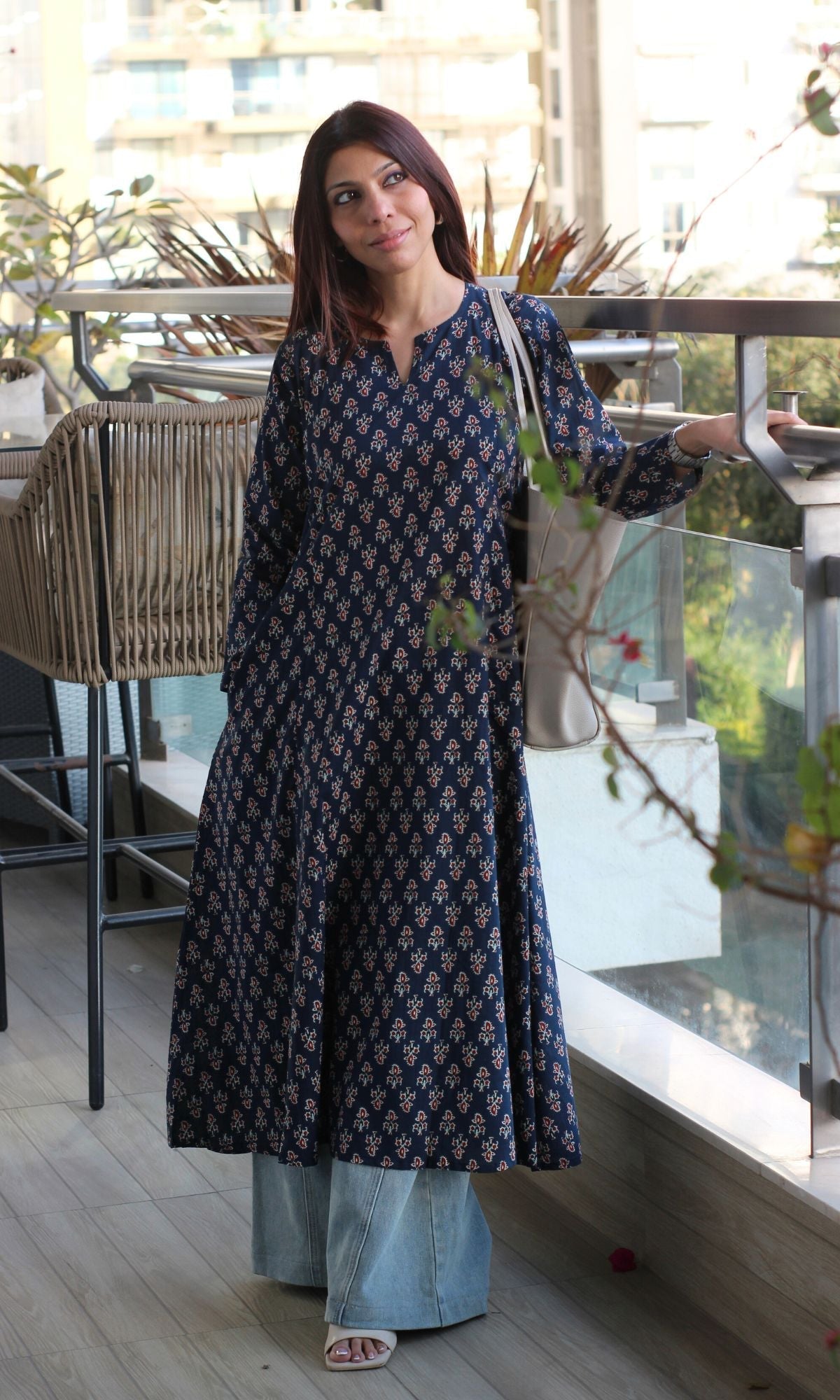 Cotton Navy Blue Small Print Kali Kurta