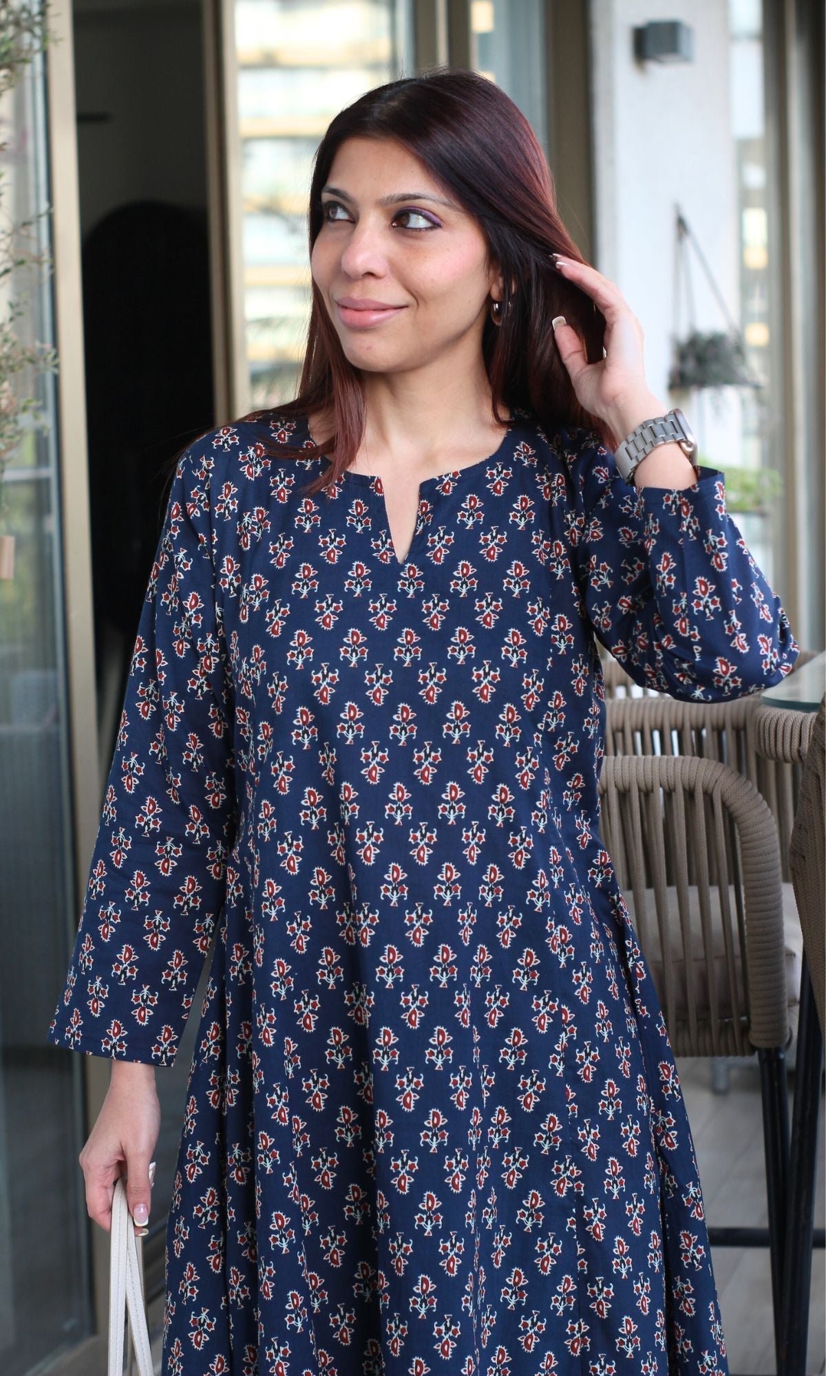 Cotton Navy Blue Small Print Kali Kurta