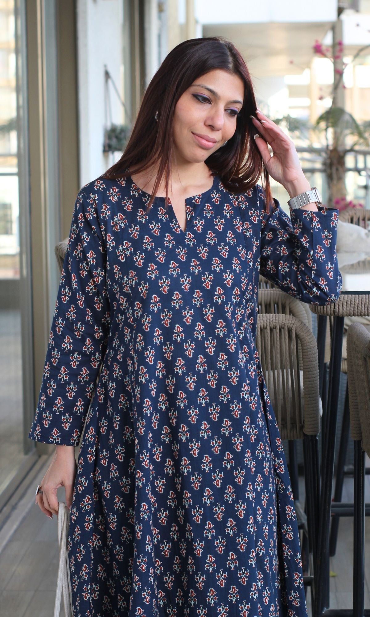 Cotton Navy Blue Small Print Kali Kurta