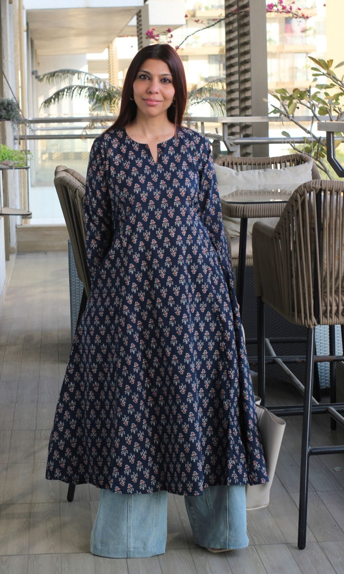 Cotton Navy Blue Small Print Kali Kurta