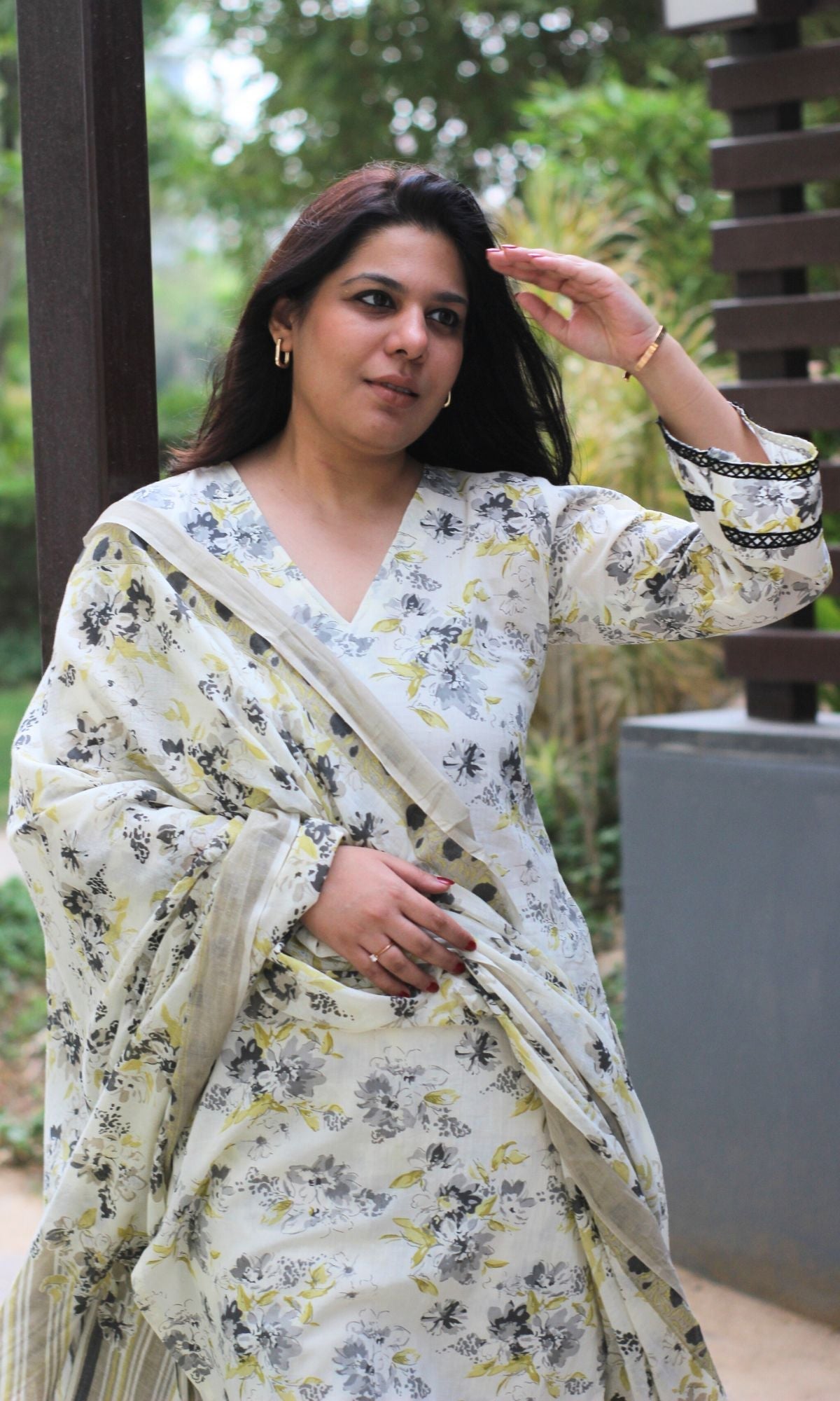 Cotton Off White Bloom Story Bell Sleeves Suit Set with Cotton Dupatta