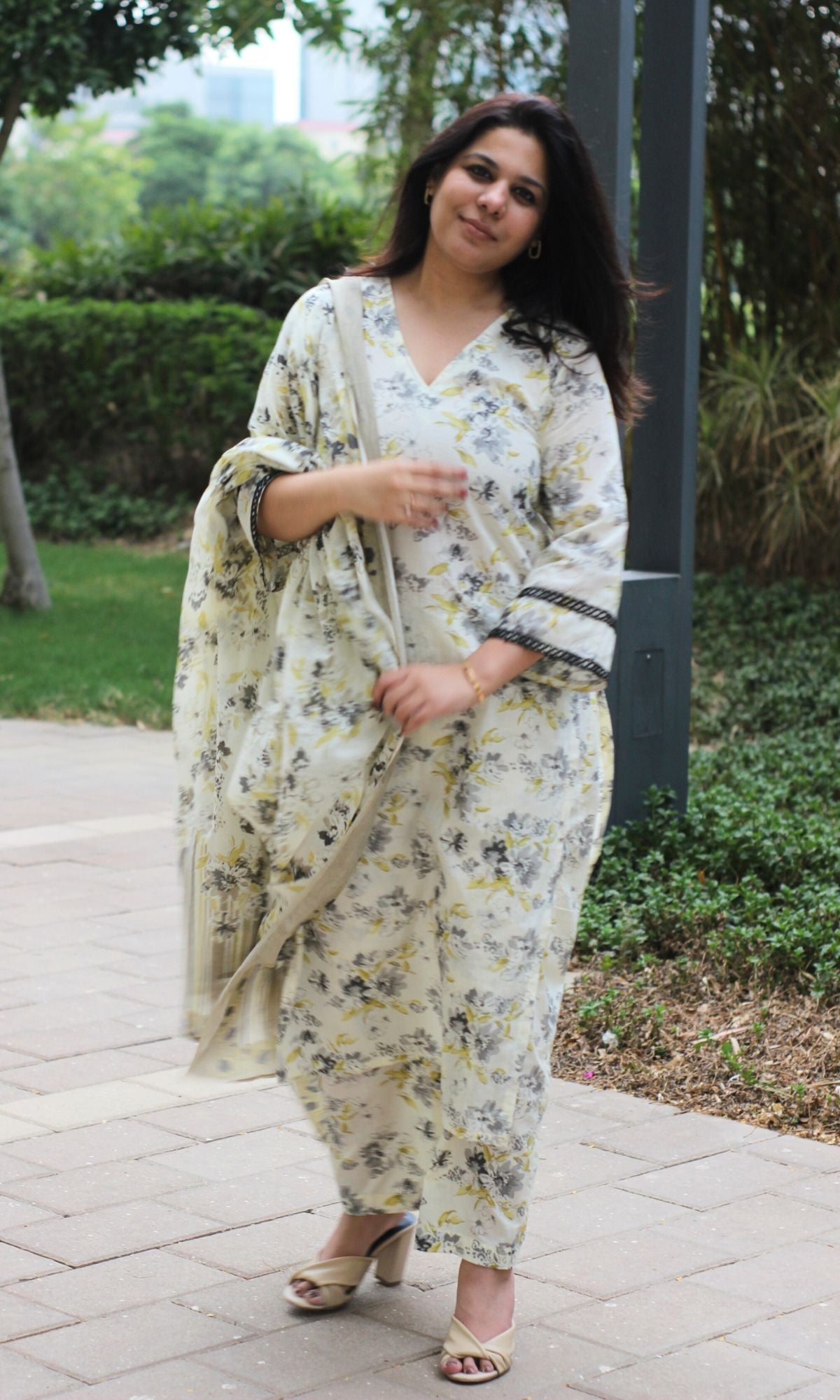 Cotton Off White Bloom Story Bell Sleeves Suit Set with Cotton Dupatta