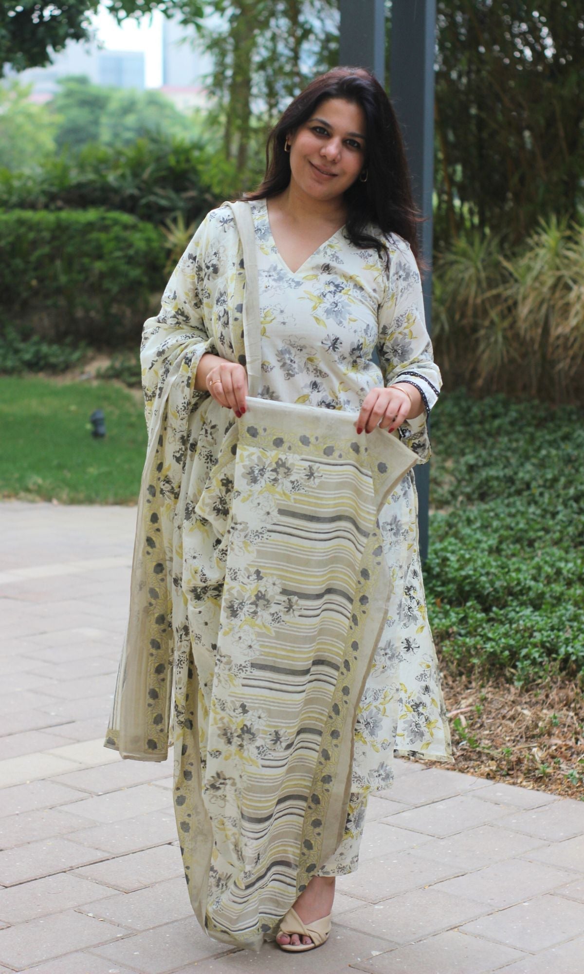 Cotton Off White Bloom Story Bell Sleeves Suit Set with Cotton Dupatta
