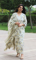 Cotton Off White Bloom Story Bell Sleeves Suit Set with Cotton Dupatta