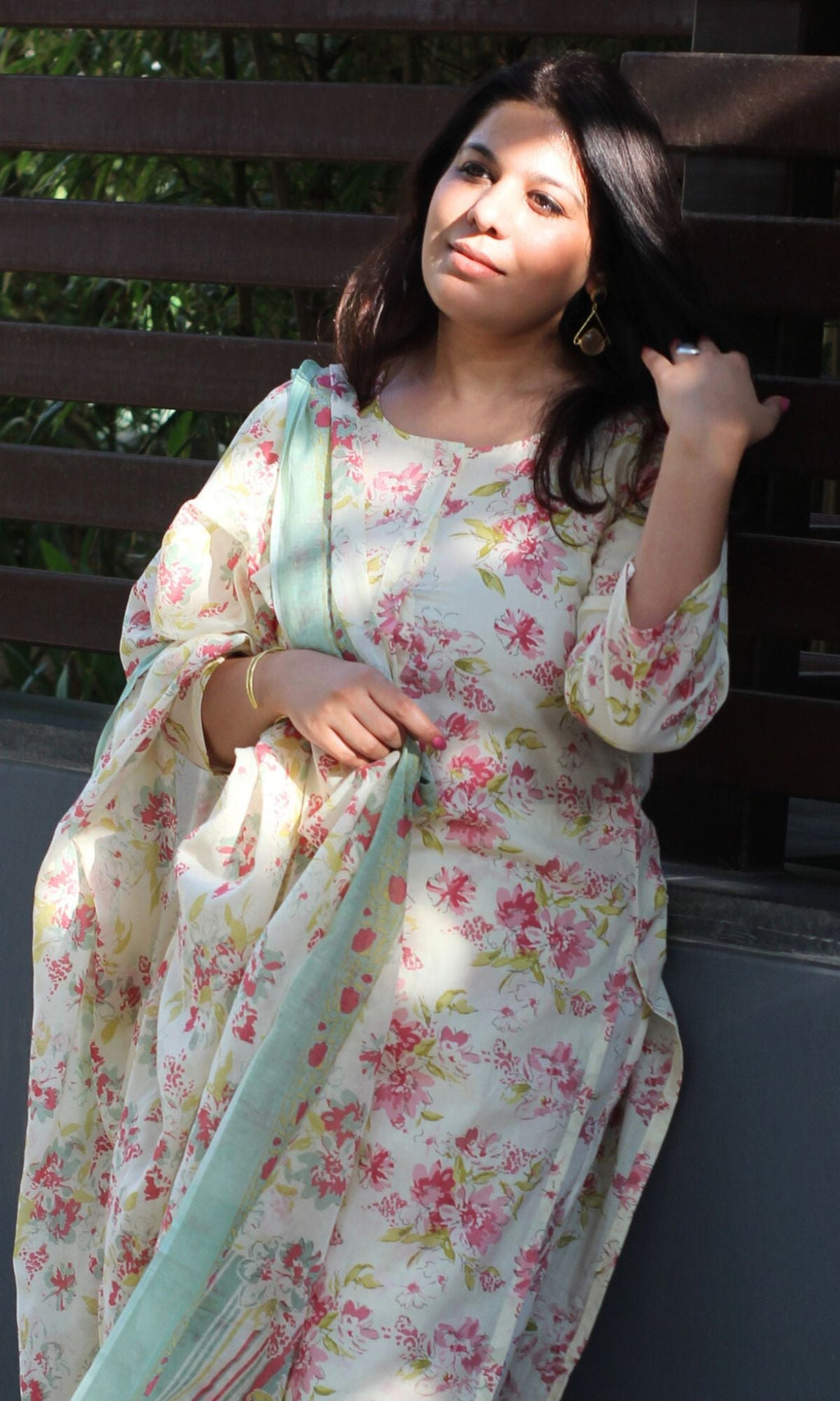 Cotton Off White Bloom Story Buttoned Suit Set with Cotton Printed Dupatta