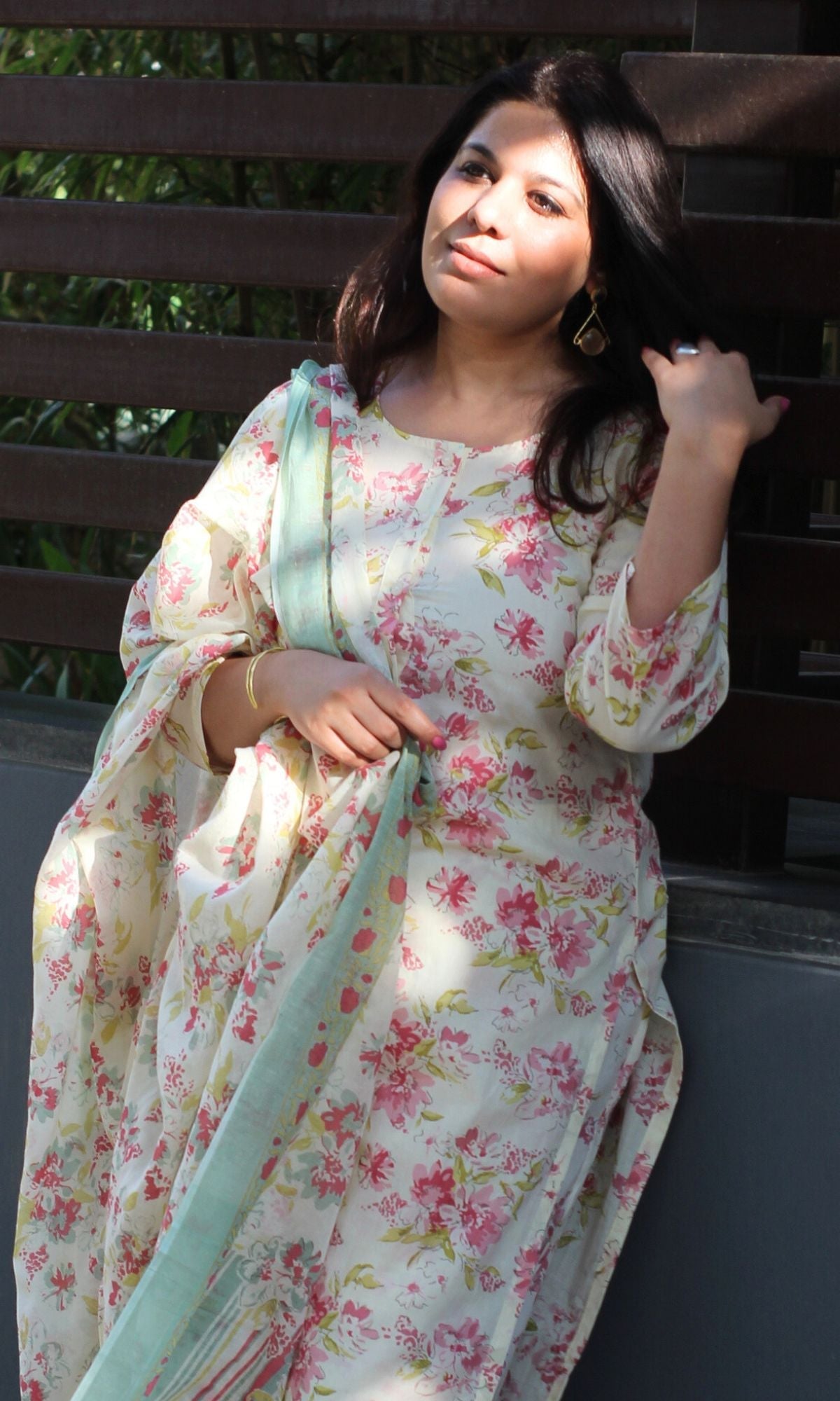 Cotton Off White Bloom Story Buttoned Suit Set with Cotton Printed Dupatta
