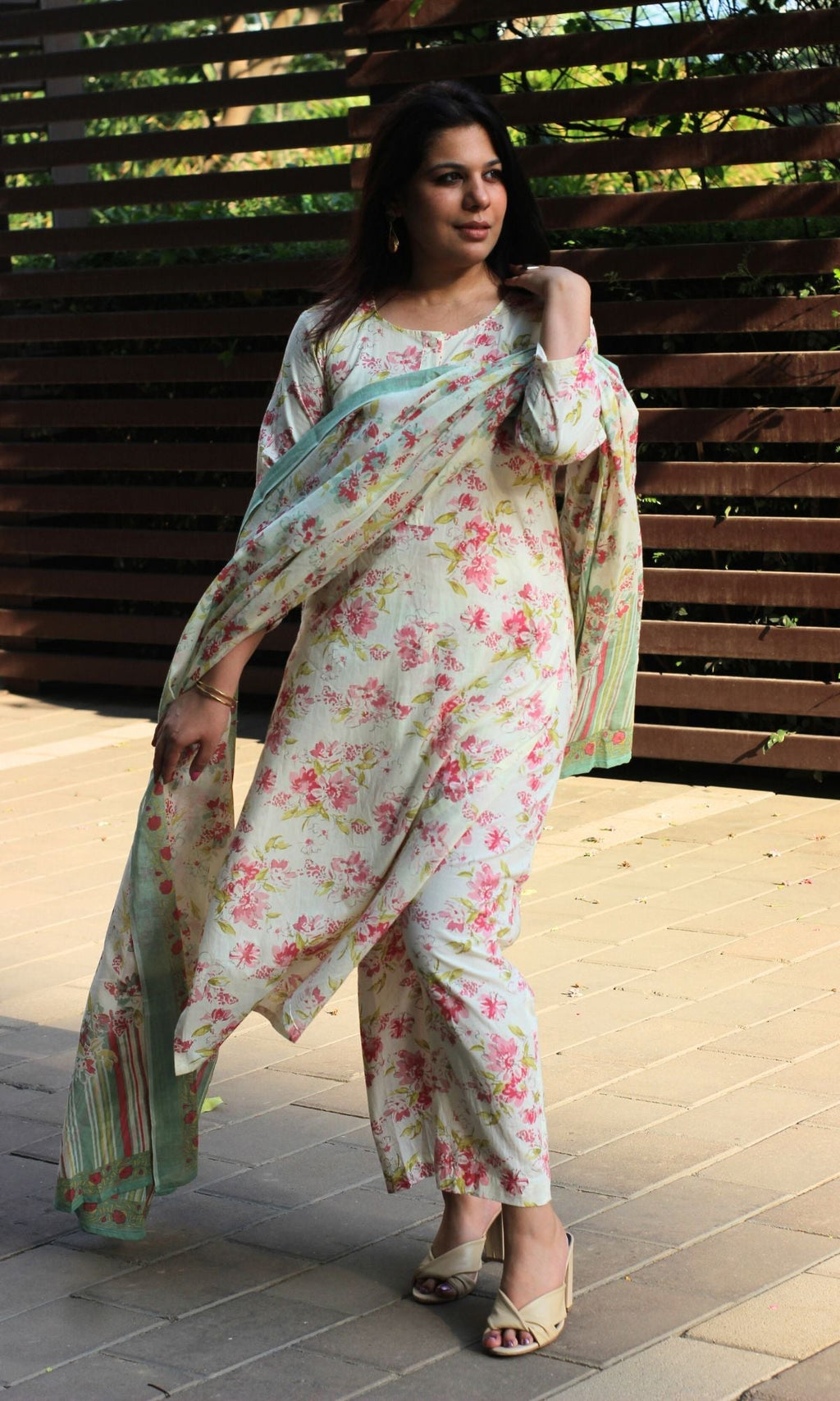Cotton Off White Bloom Story Buttoned Suit Set with Cotton Printed Dupatta