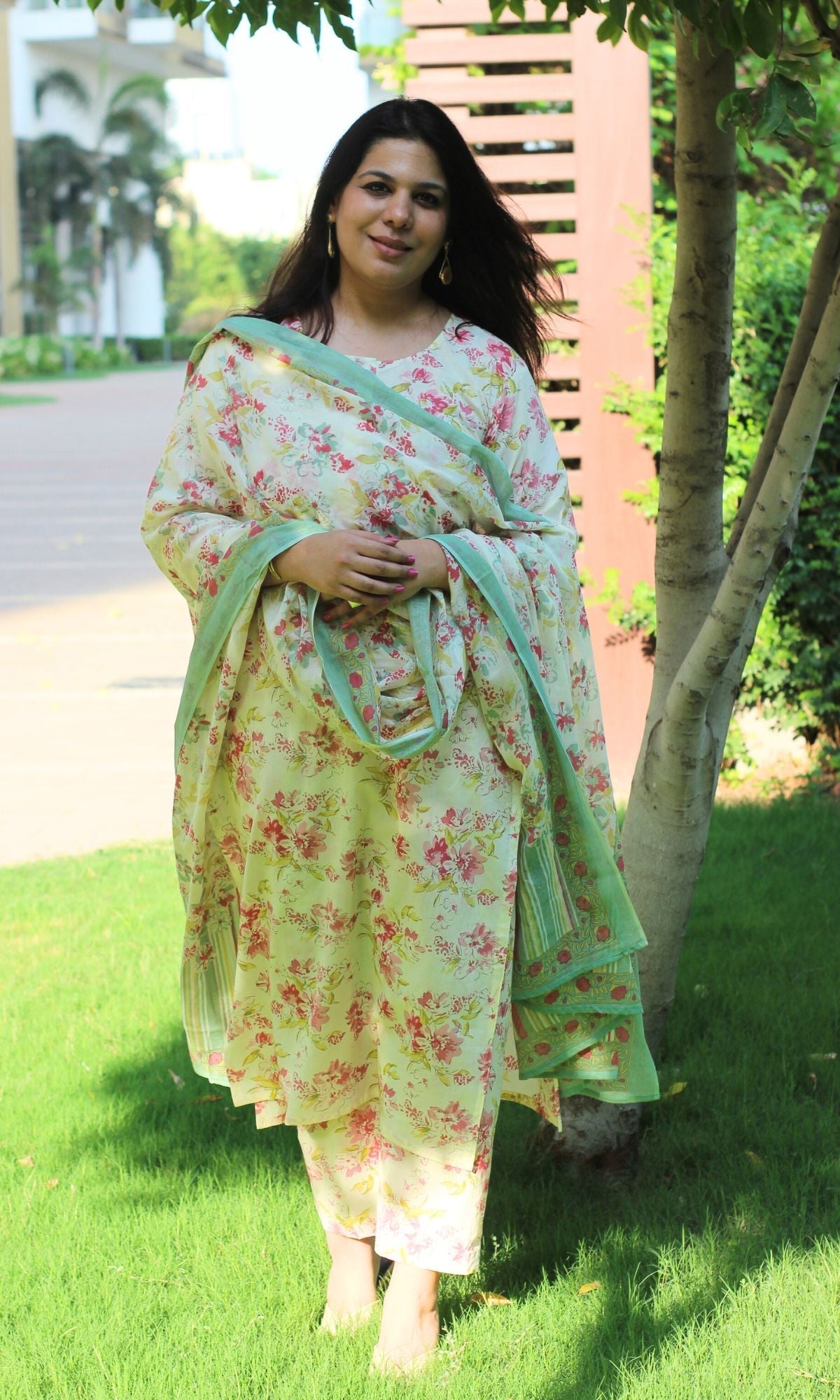 Cotton Off White Bloom Story Buttoned Suit Set with Cotton Printed Dupatta
