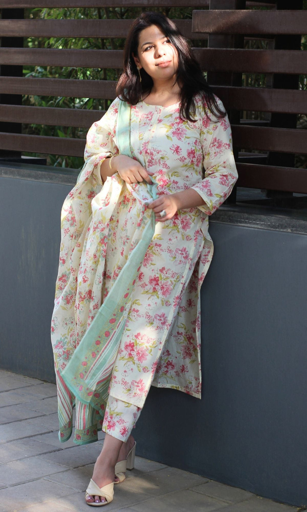 Cotton Off White Bloom Story Buttoned Suit Set with Cotton Printed Dupatta