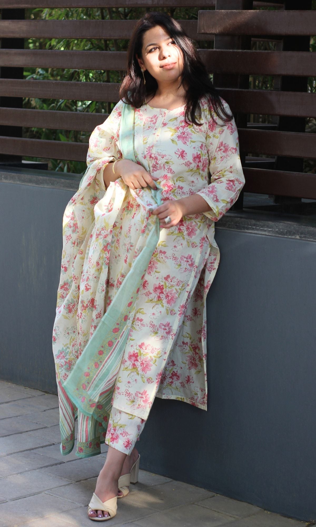 Cotton Off White Bloom Story Buttoned Suit Set with Cotton Printed Dupatta