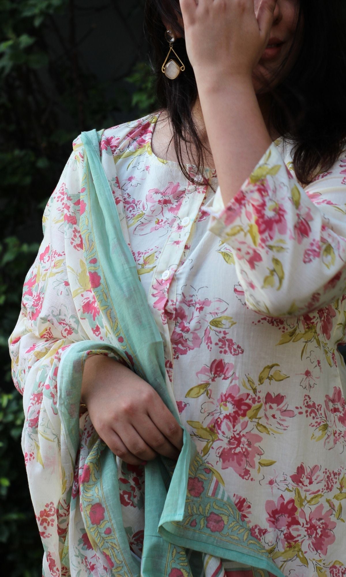 Cotton Off White Bloom Story Buttoned Suit Set with Cotton Printed Dupatta