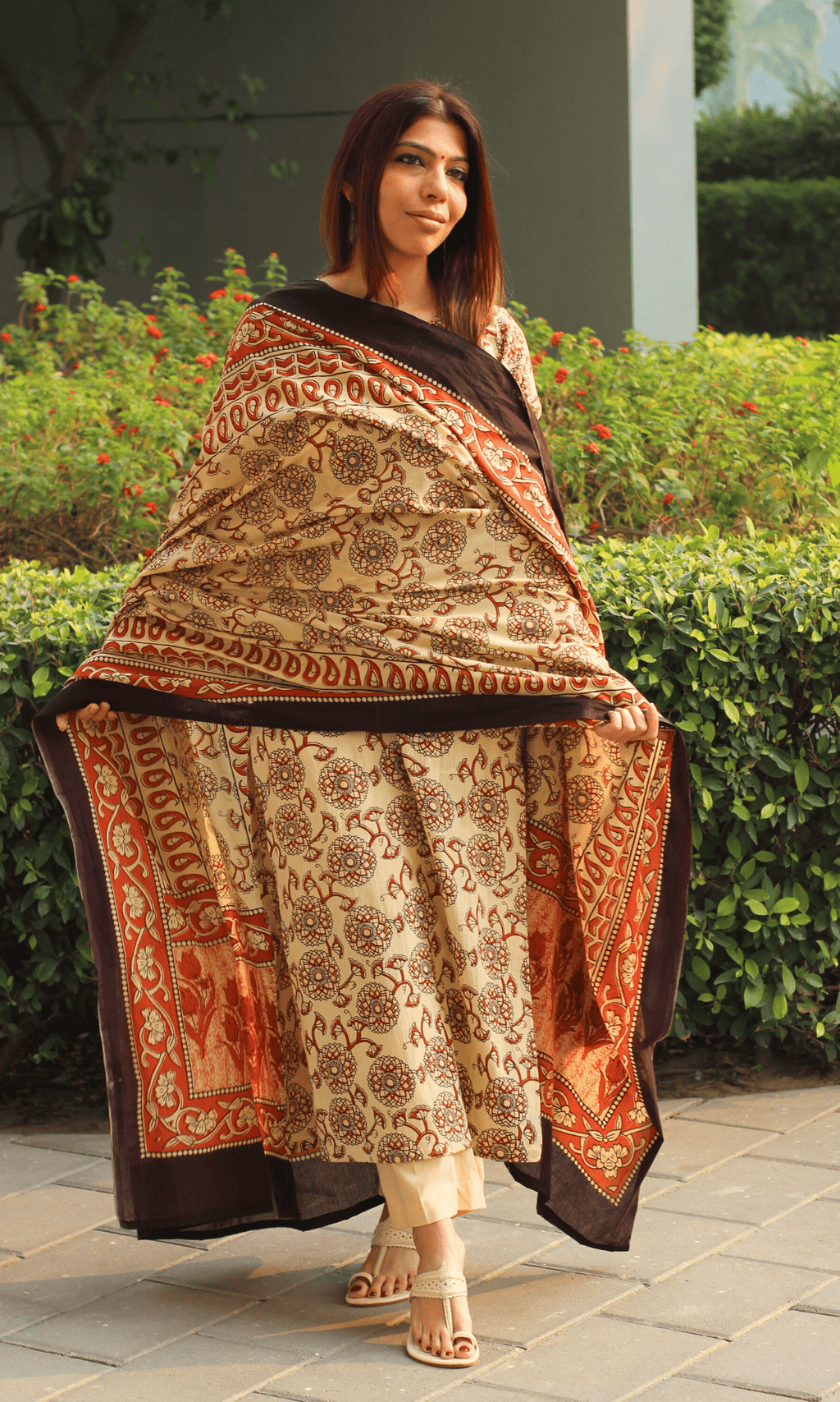 Cotton Off White & Red Kalamkari Suit with Printed Dupatta