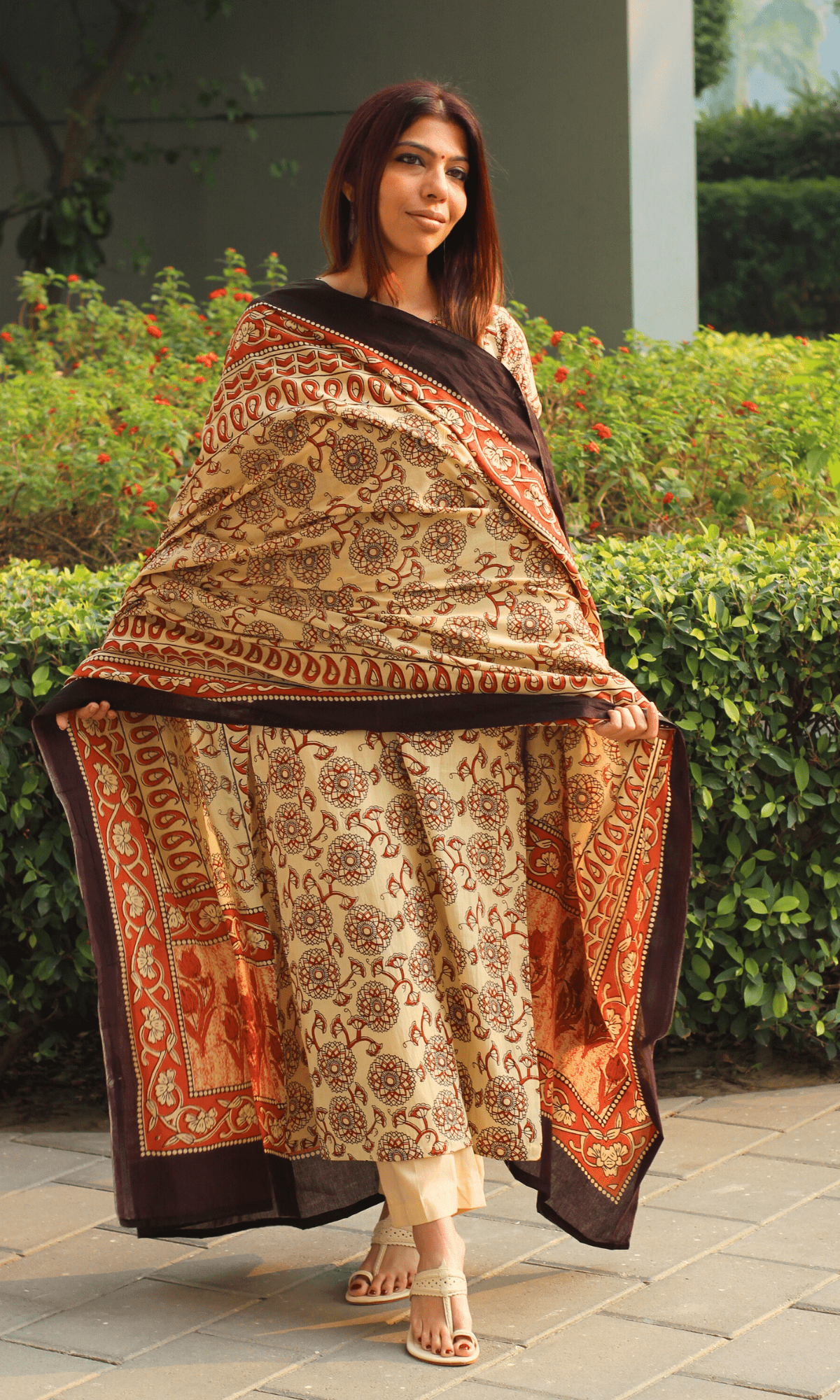 Cotton Off White & Red Kalamkari Suit with Printed Dupatta