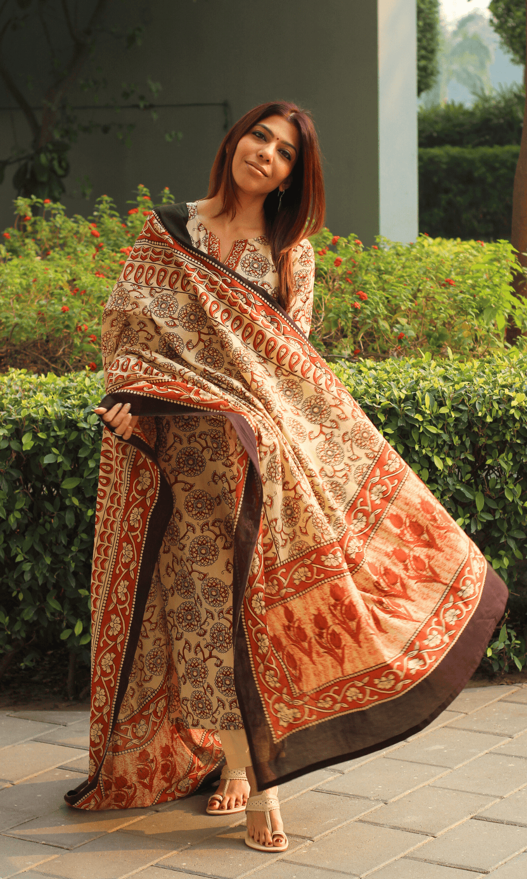 Cotton Off White & Red Kalamkari Suit with Printed Dupatta