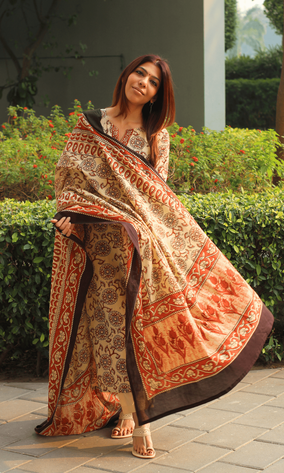 Cotton Off White & Red Kalamkari Suit with Printed Dupatta