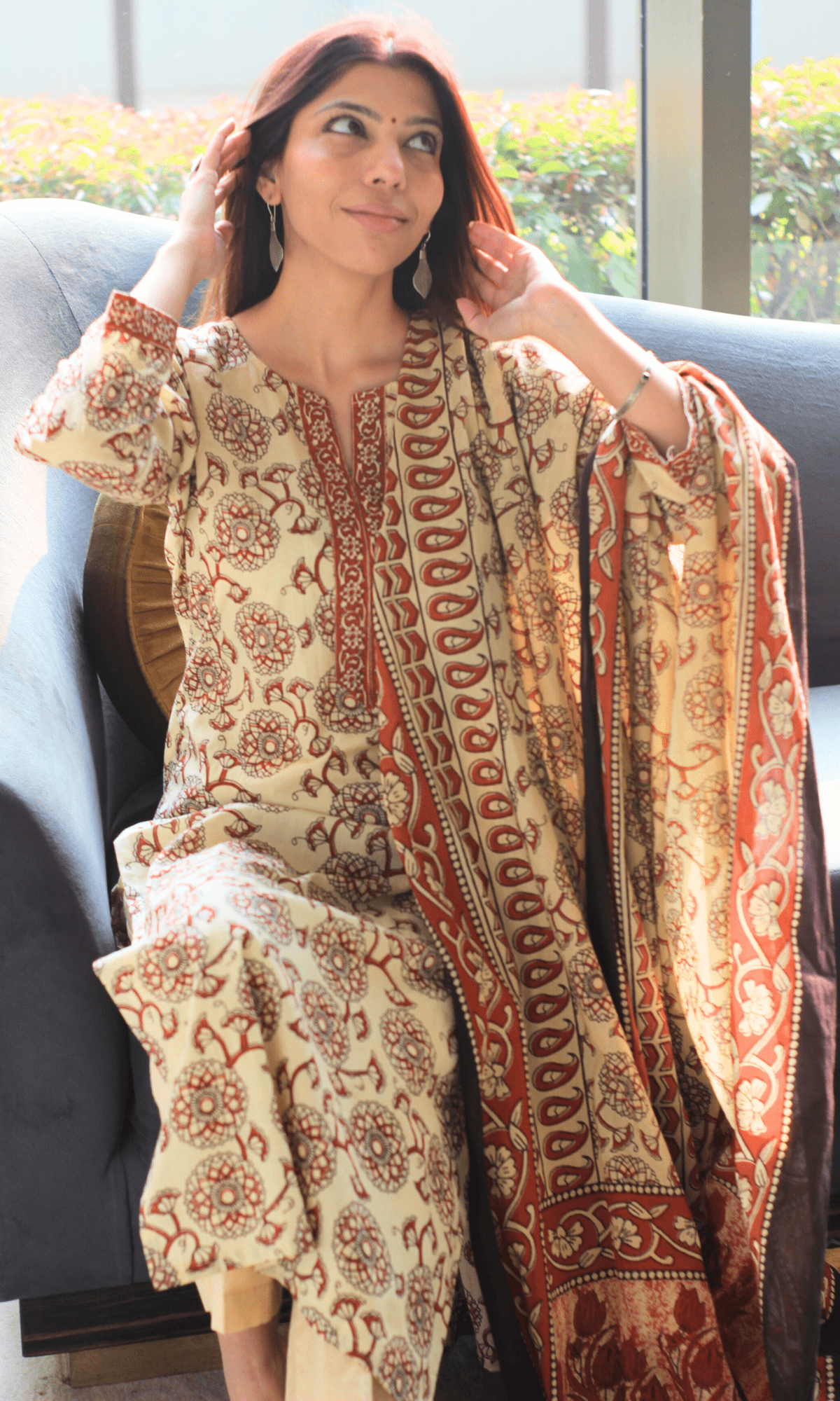 Cotton Off White & Red Kalamkari Suit with Printed Dupatta