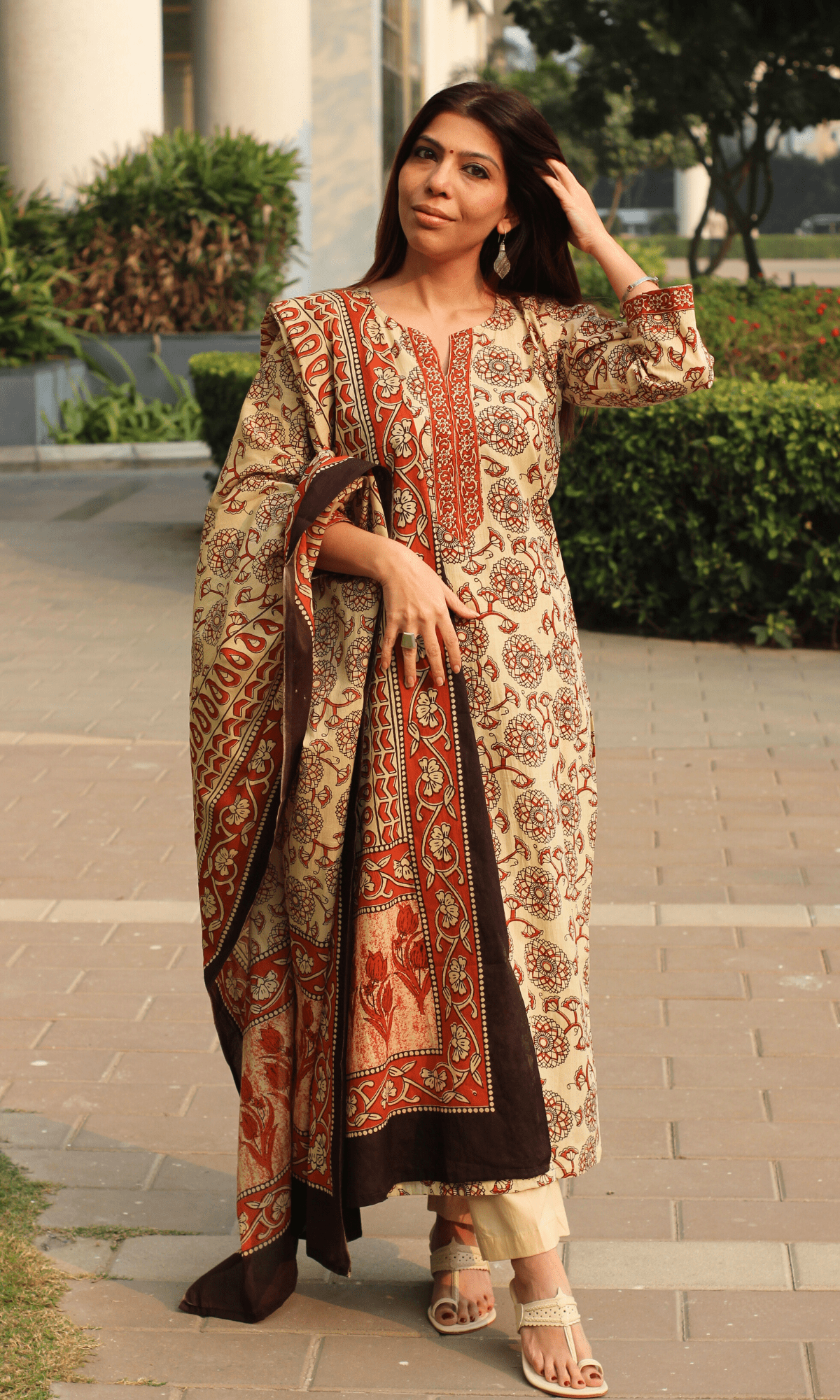 Cotton Off White & Red Kalamkari Suit with Printed Dupatta