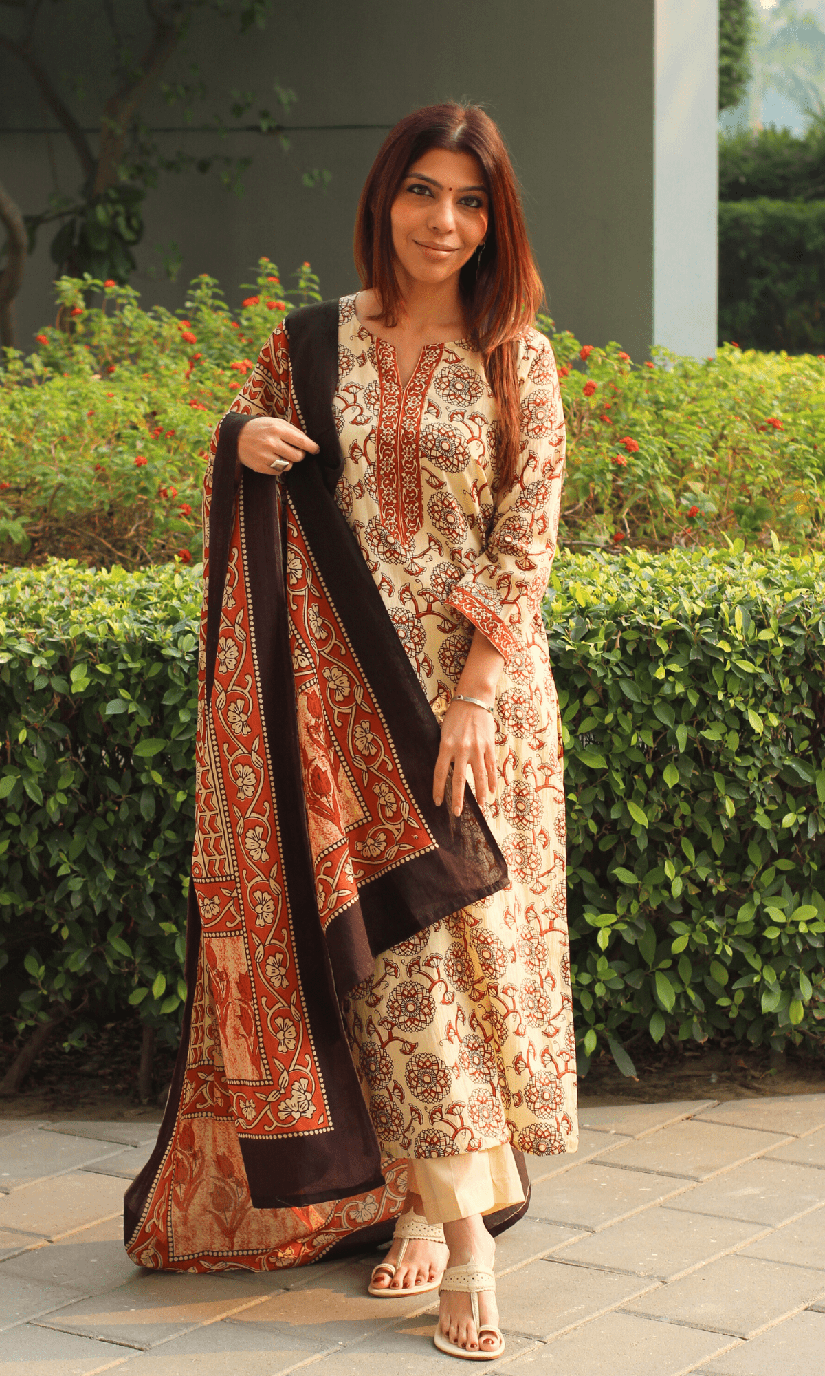 Cotton Off White & Red Kalamkari Suit with Printed Dupatta