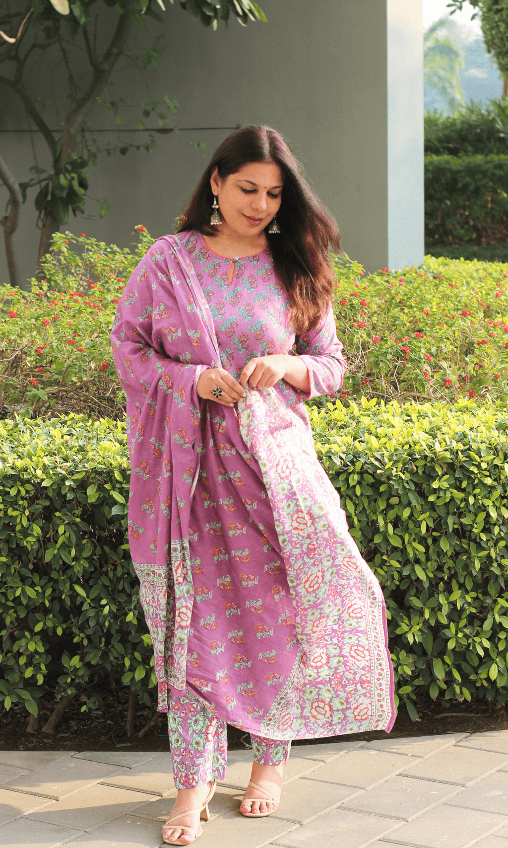 Cotton Onion Pink Booti Print Suit With Cotton Printed Dupatta
