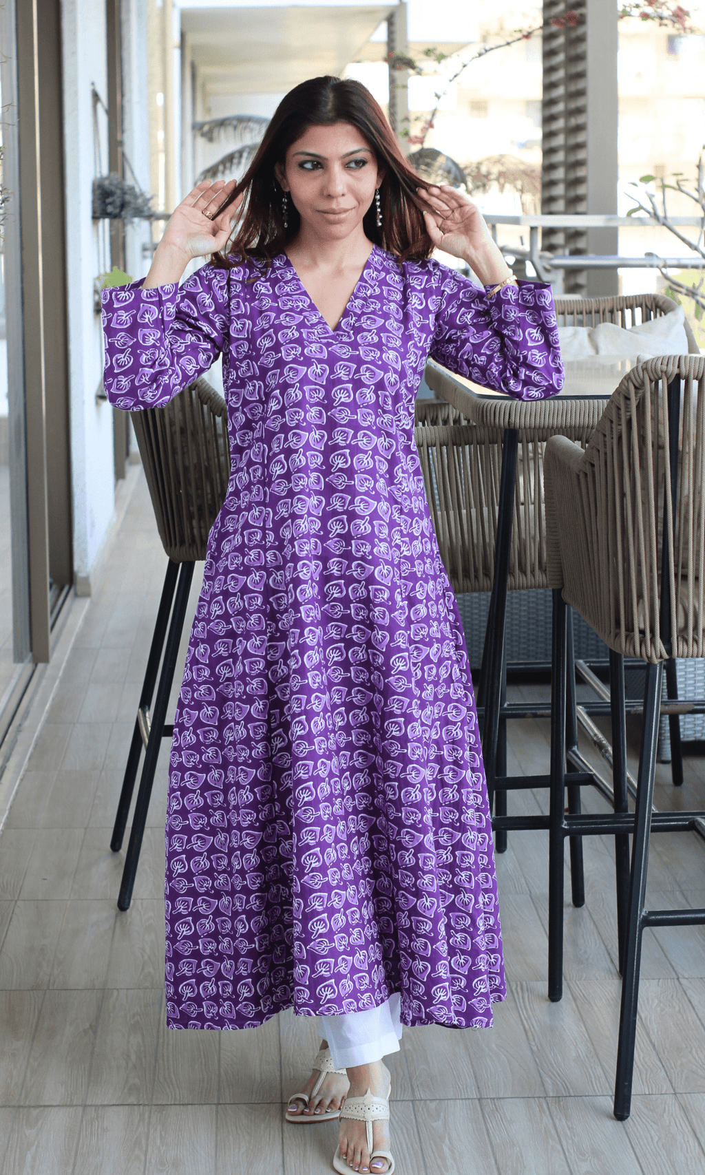 Cotton Orchid Leaf Print Kali Kurta