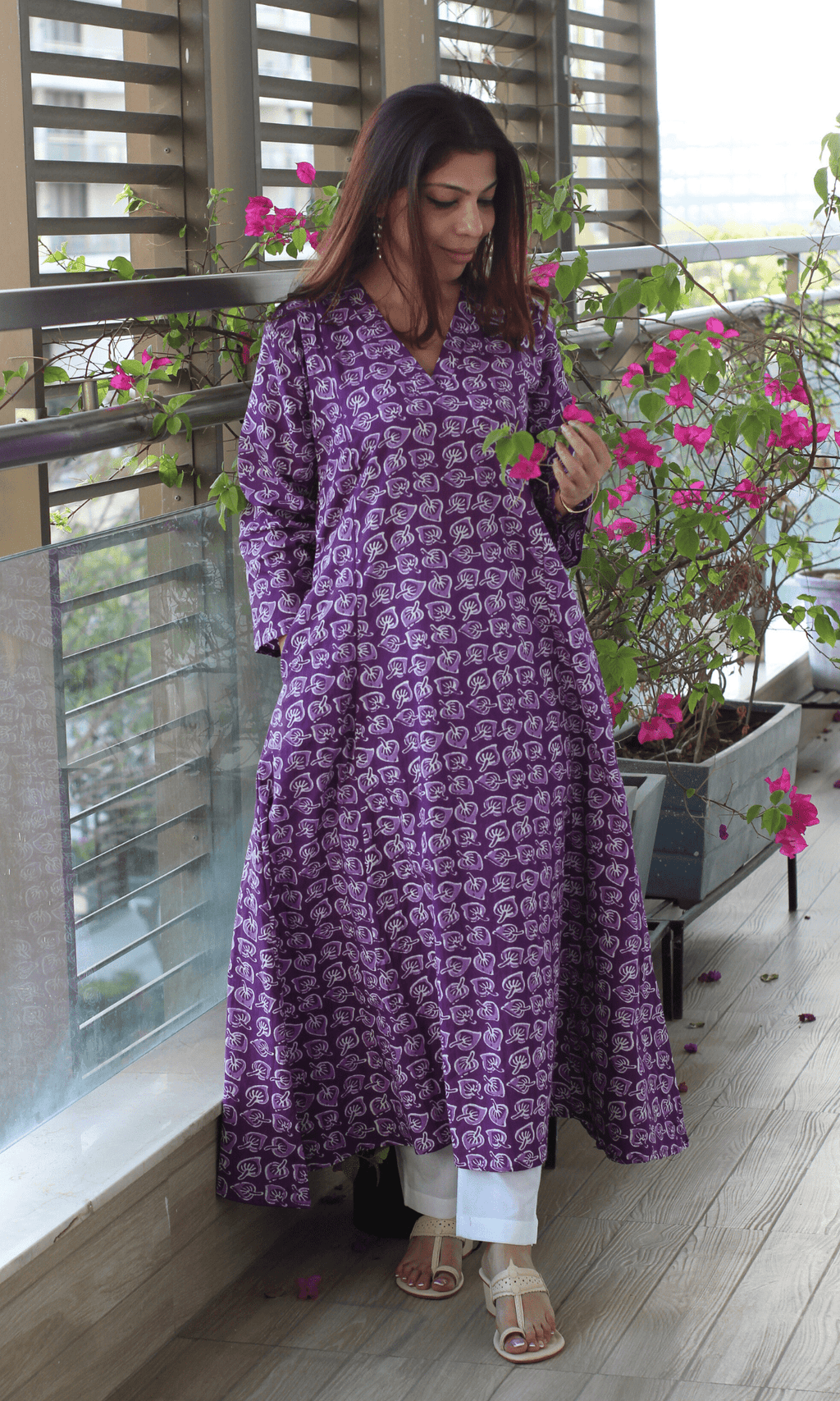 Cotton Orchid Leaf Print Kali Kurta