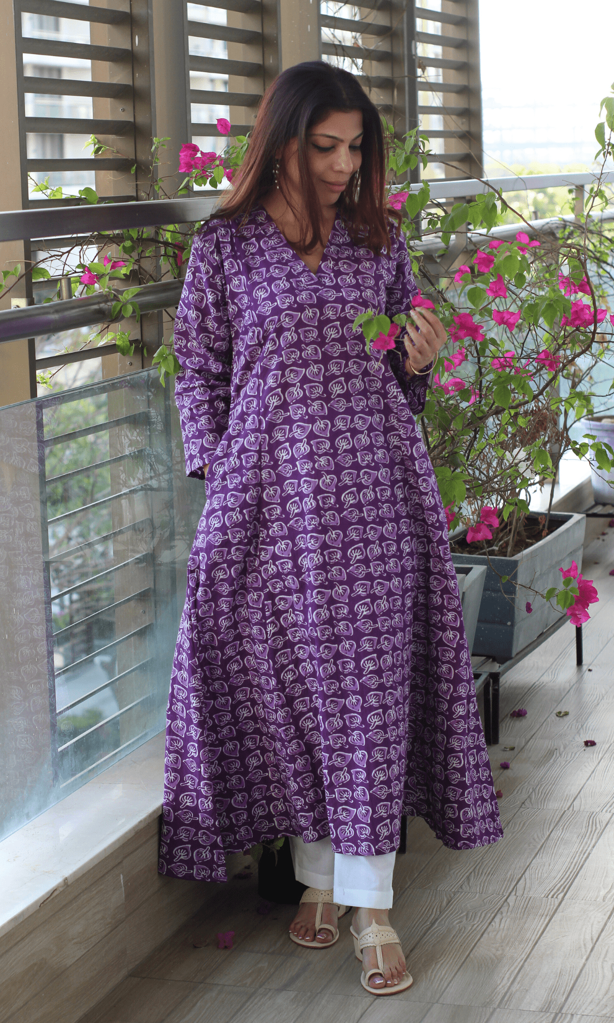 Cotton Orchid Leaf Print Kali Kurta