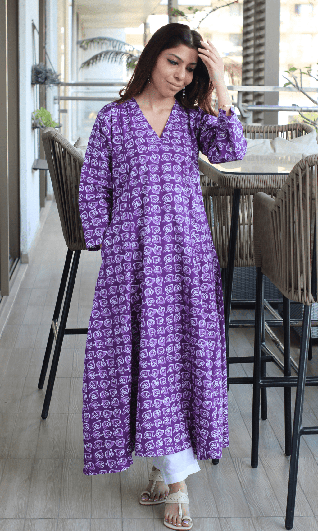 Cotton Orchid Leaf Print Kali Kurta