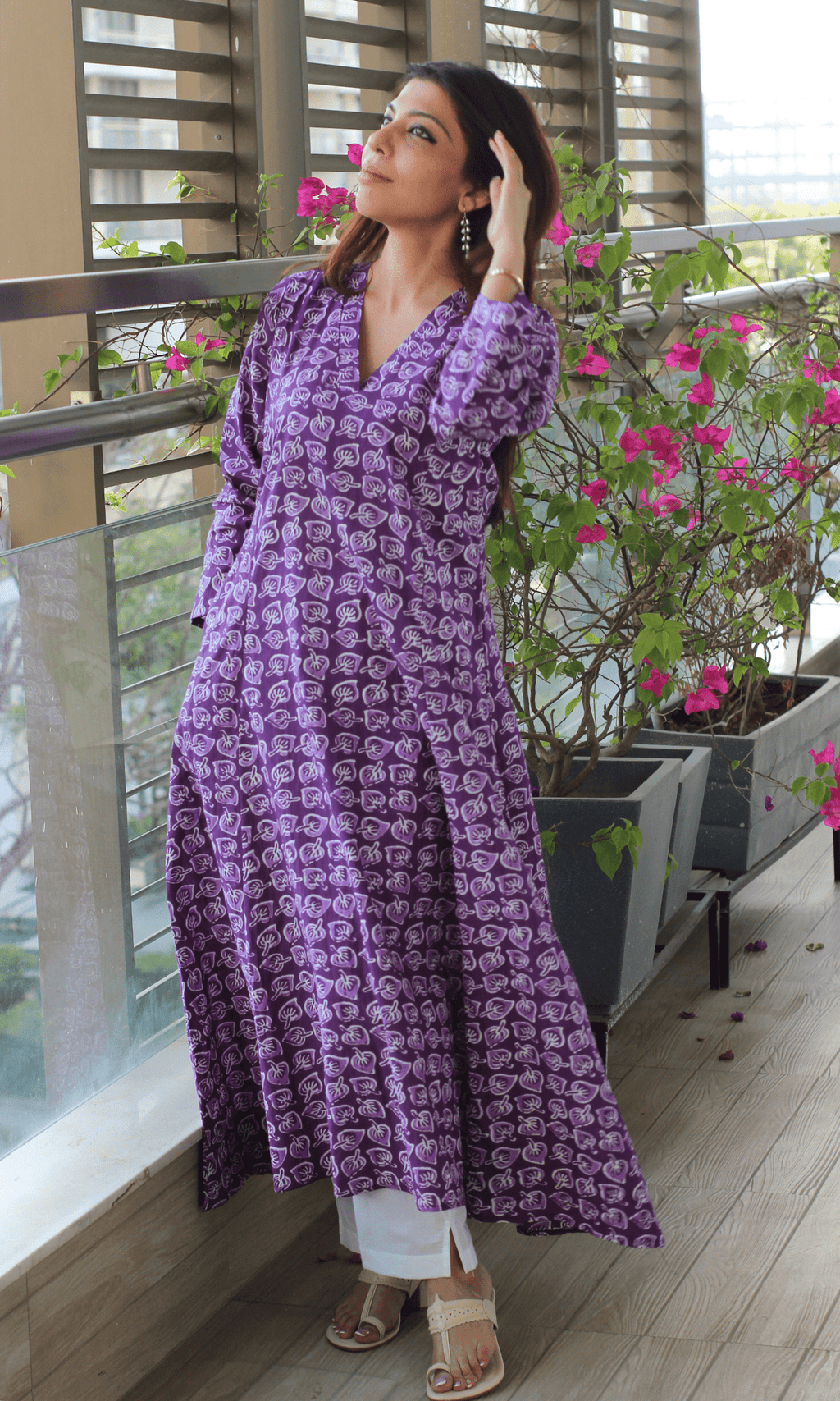 Cotton Orchid Leaf Print Kali Kurta
