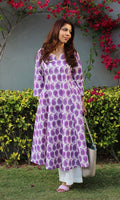 Cotton Paisley Print White and Purple Kali Kurta