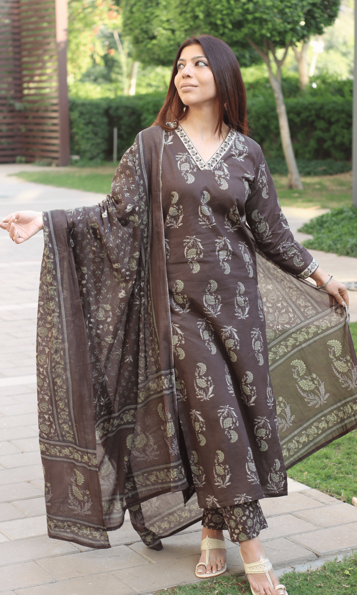 Cotton Pastel Brown Mughal Print Suit with Cotton Printed Dupatta