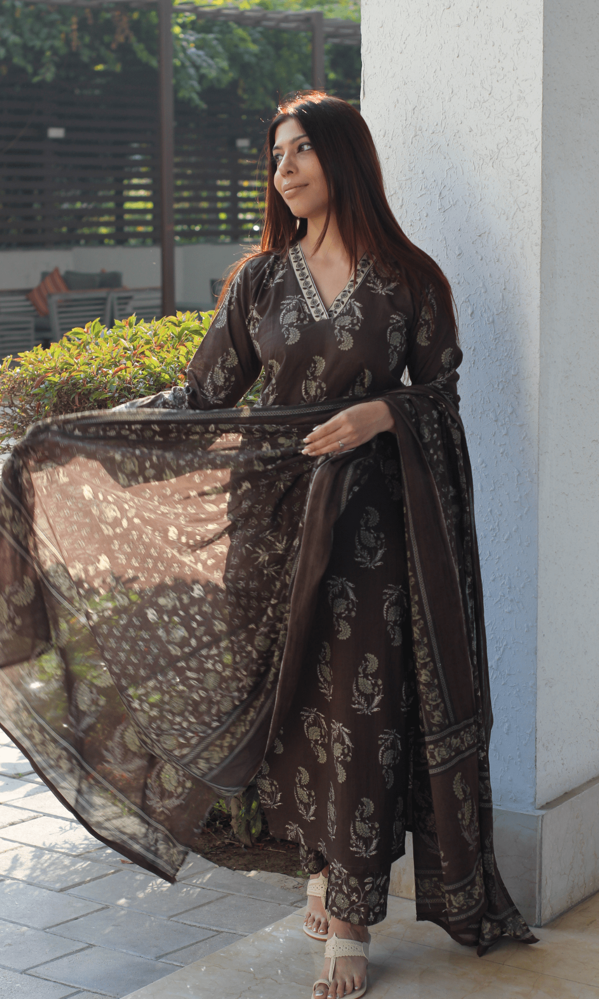 Cotton Pastel Brown Mughal Print Suit with Cotton Printed Dupatta