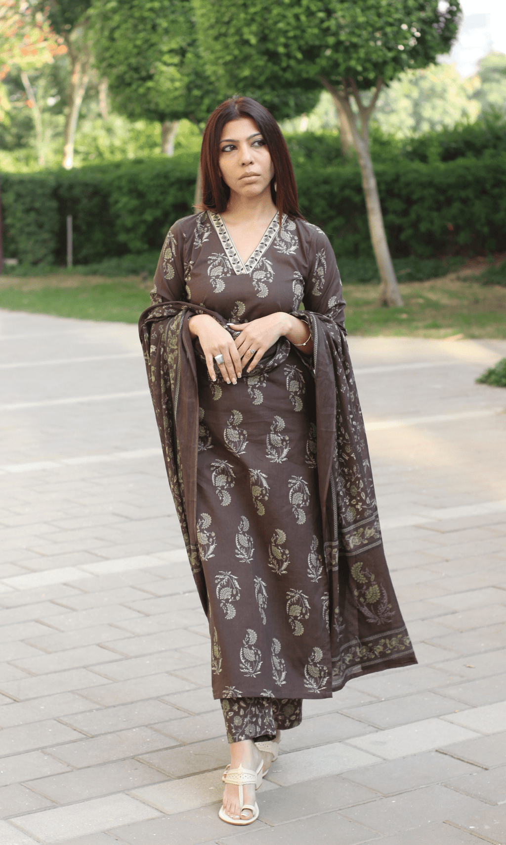 Cotton Pastel Brown Mughal Print Suit with Cotton Printed Dupatta